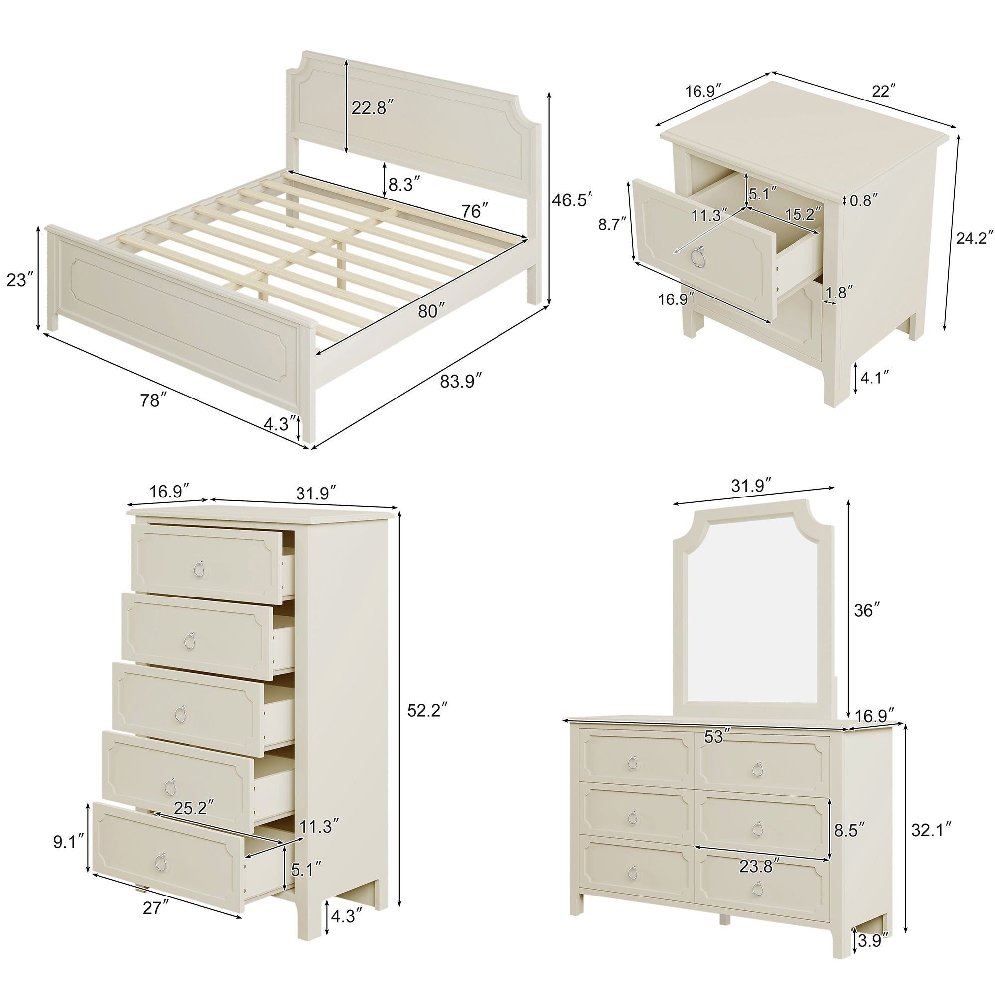 6 Pieces Bedroom Sets Milky White Solid Rubber Wood Platform Bed with Nightstand, Chest, Mirror and Dresser