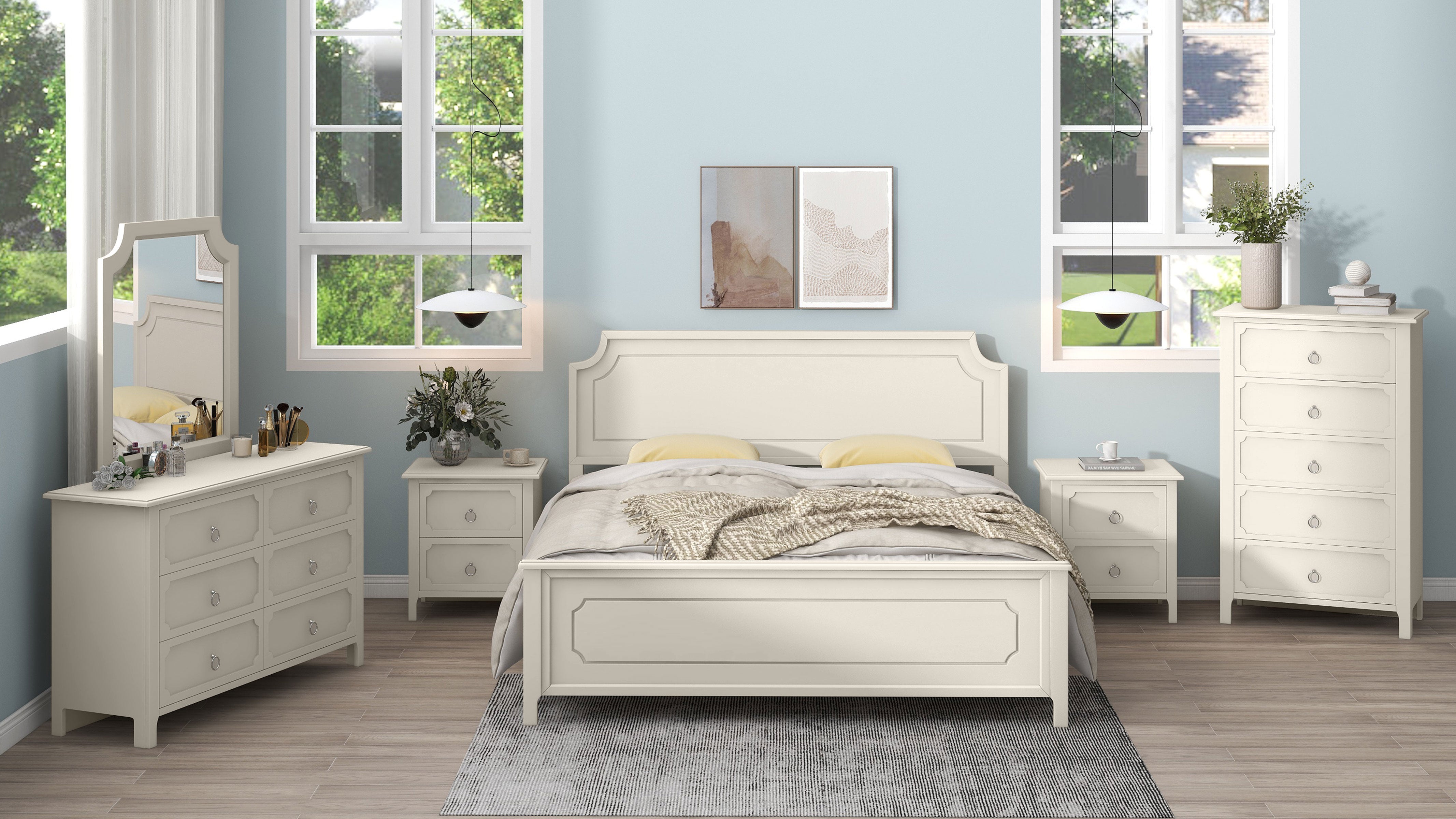 6 Pieces Bedroom Sets Milky White Solid Rubber Wood Platform Bed with Nightstand, Chest, Mirror and Dresser
