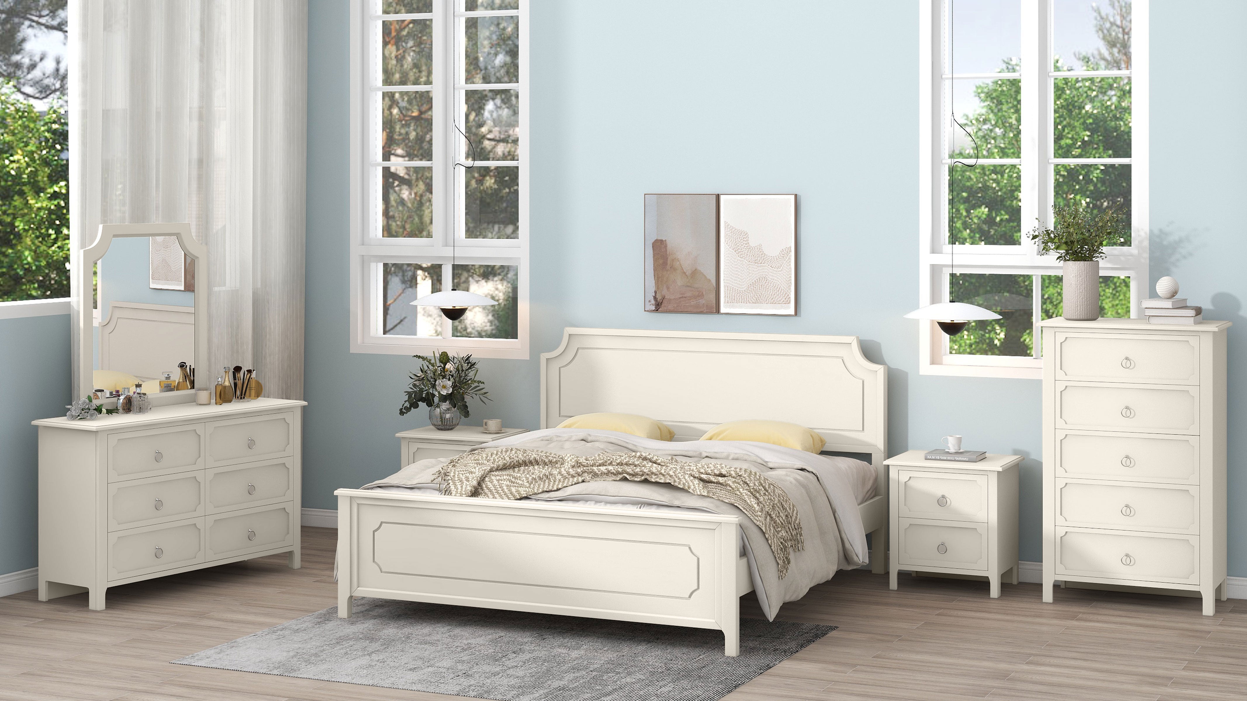 6 Pieces Bedroom Sets Milky White Solid Rubber Wood Platform Bed with Nightstand, Chest, Mirror and Dresser