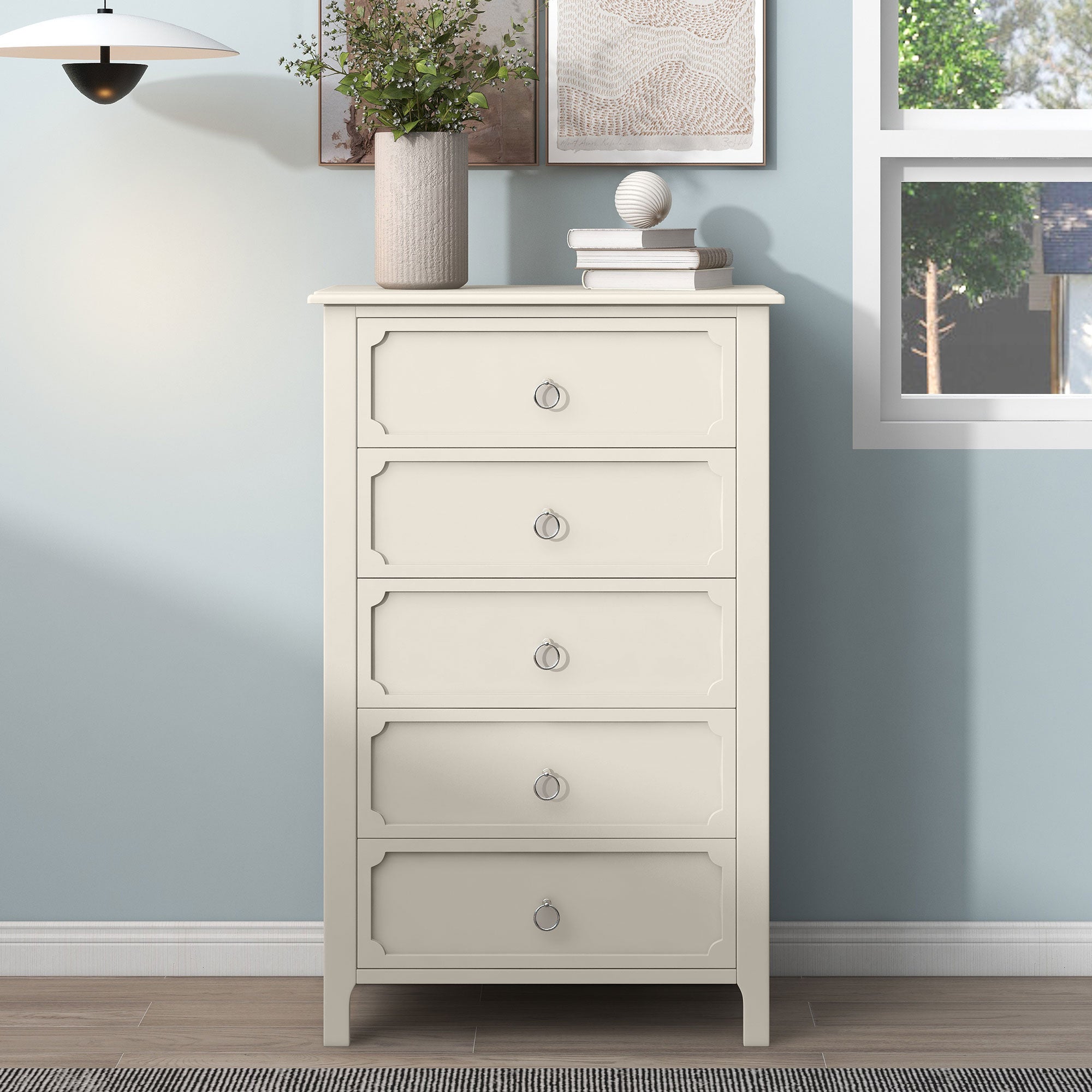 6 Pieces Bedroom Sets Milky White Solid Rubber Wood Platform Bed with Nightstand, Chest, Mirror and Dresser