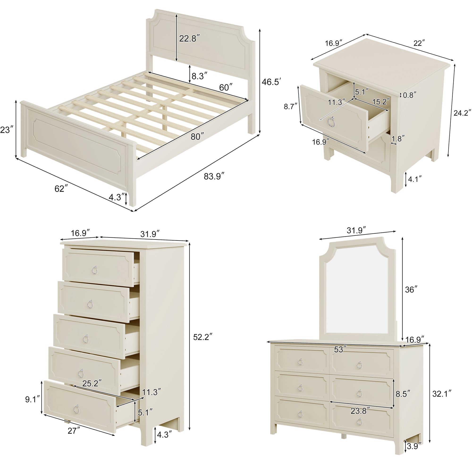 6 Pieces Bedroom Sets Milky White Solid Rubber Wood Platform Bed with Nightstand, Chest, Mirror and Dresser