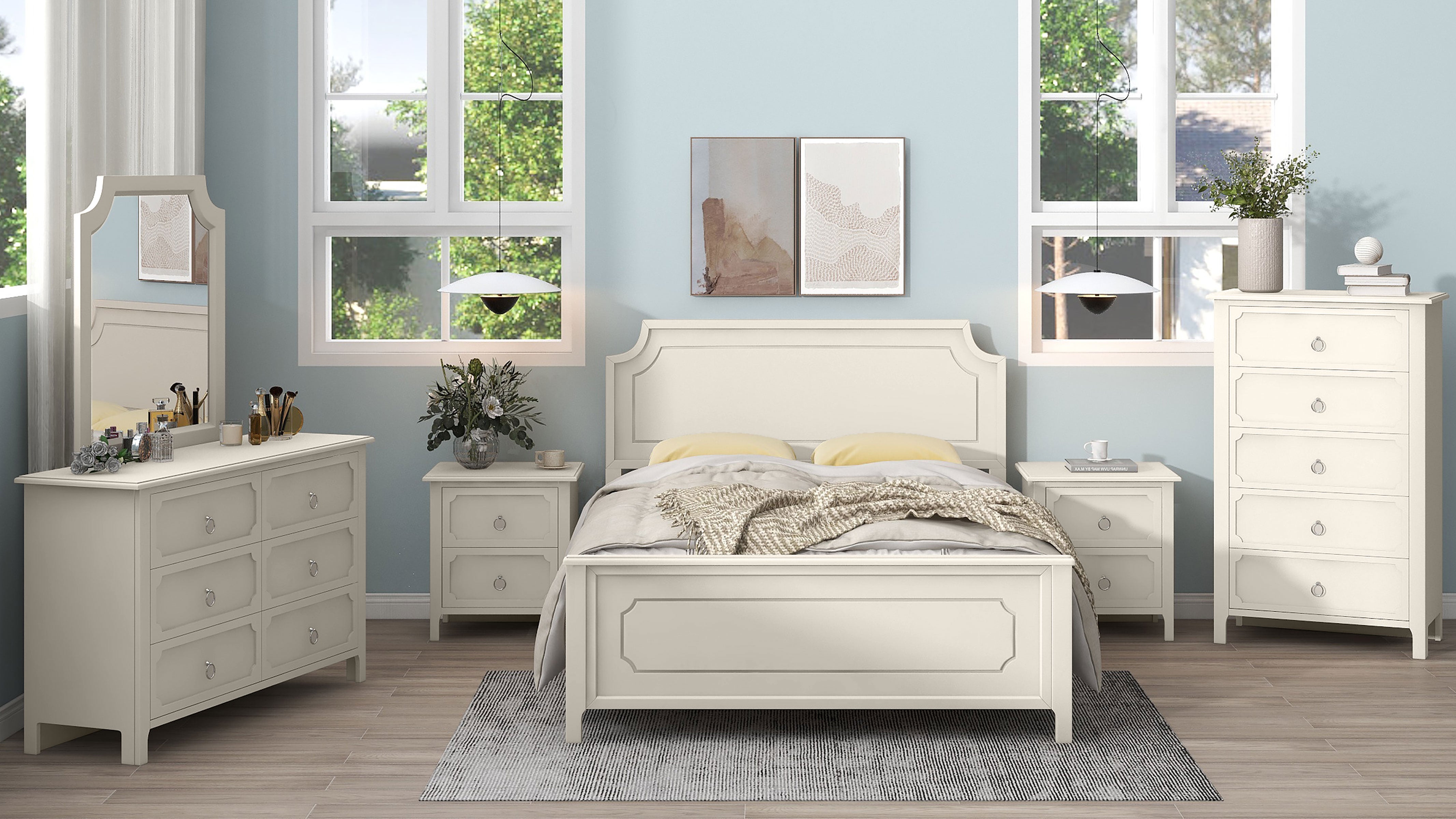 6 Pieces Bedroom Sets Milky White Solid Rubber Wood Platform Bed with Nightstand, Chest, Mirror and Dresser