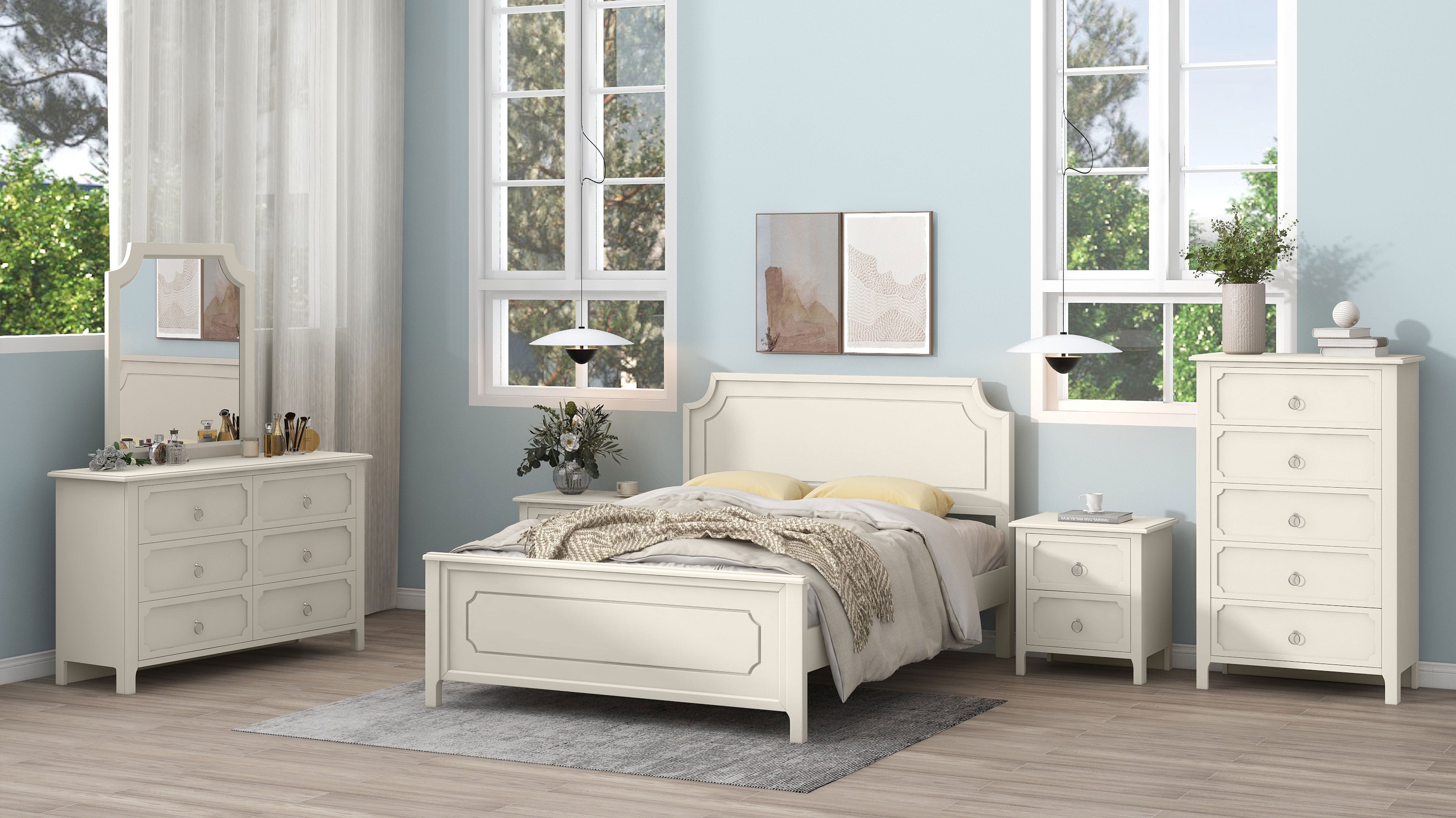 6 Pieces Bedroom Sets Milky White Solid Rubber Wood Platform Bed with Nightstand, Chest, Mirror and Dresser