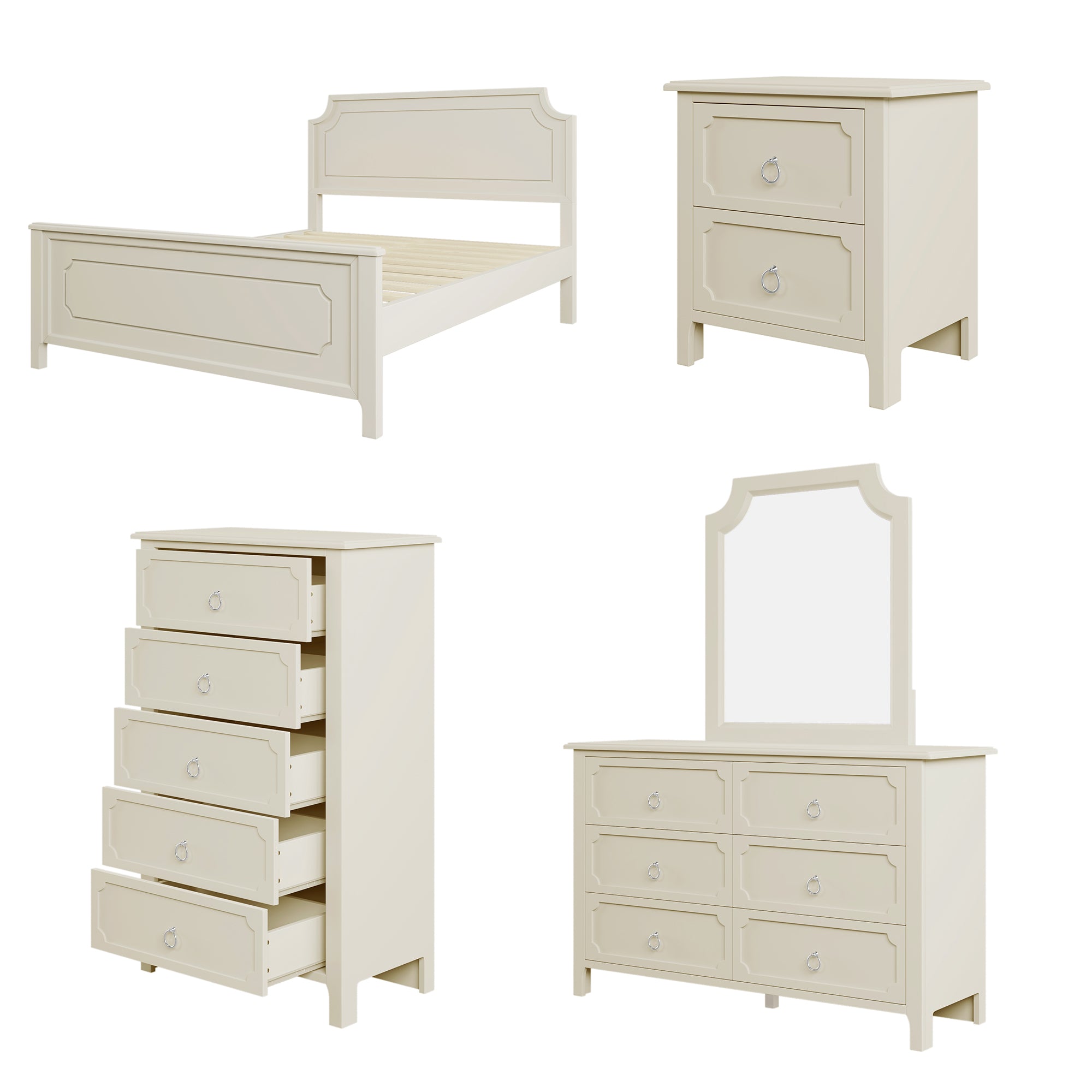 6 Pieces Bedroom Sets Milky White Solid Rubber Wood Platform Bed with Nightstand, Chest, Mirror and Dresser