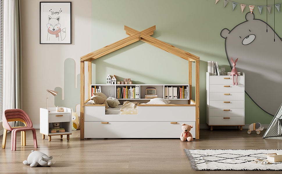 3 Pieces Bedroom Sets White Full Size Wooden House Bed with Trundle