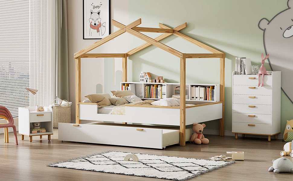 3 Pieces Bedroom Sets White Full Size Wooden House Bed with Trundle