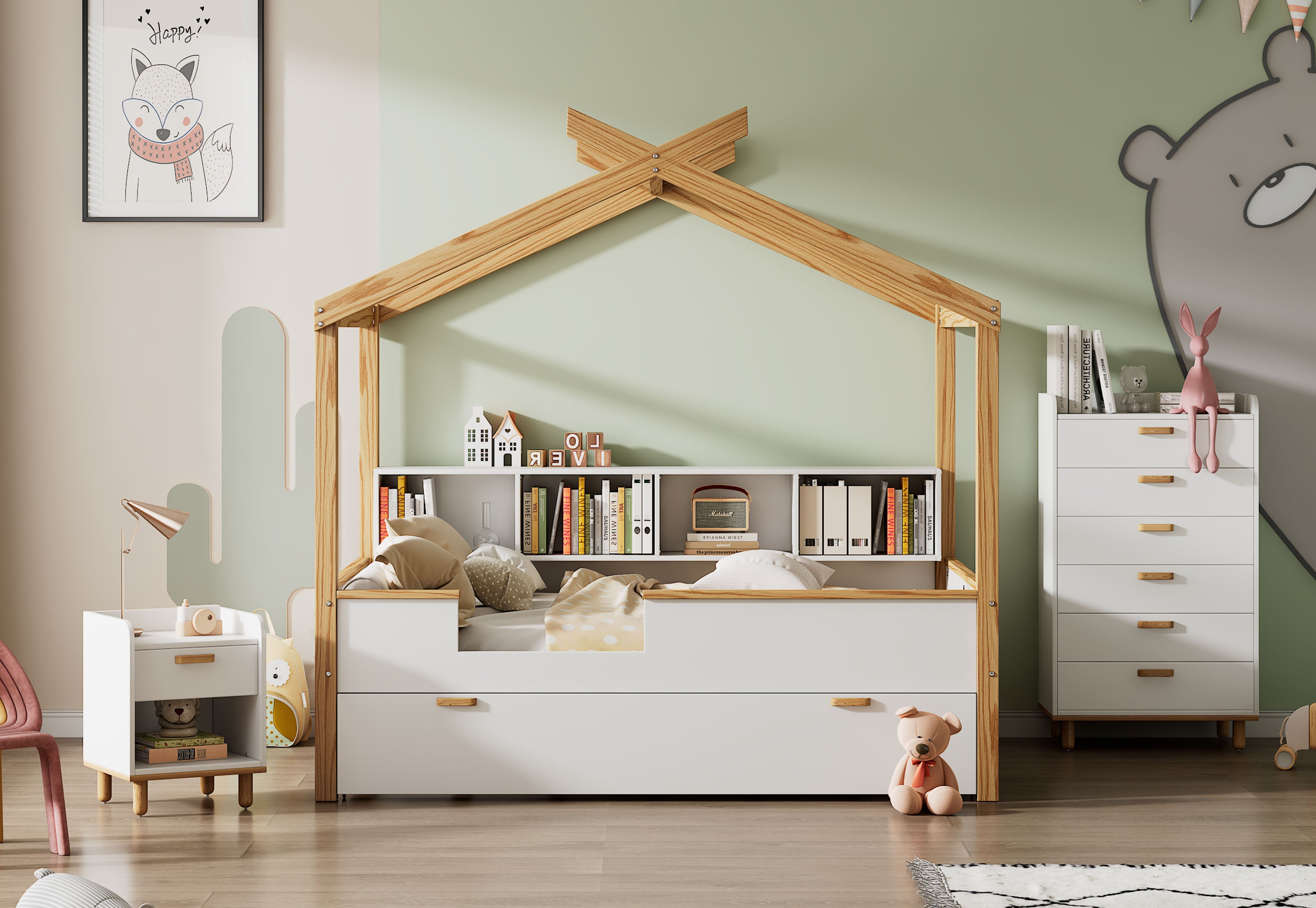 3 Pieces Bedroom Sets White Full Size Wooden House Bed with Trundle