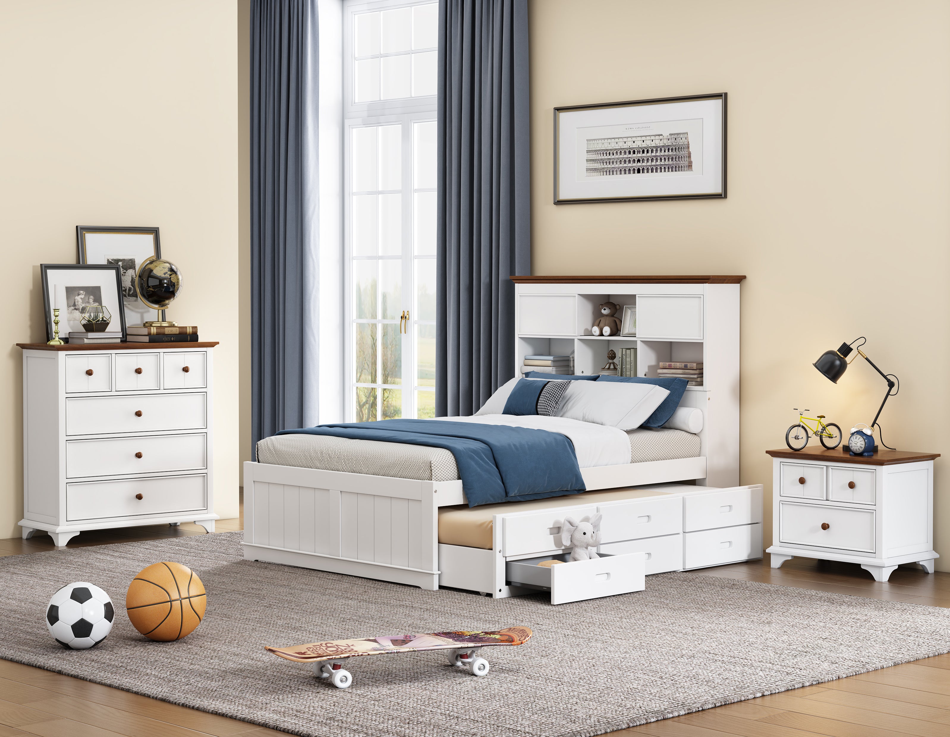 3 Pieces Wood Frame Bedroom Set Bed with Trundle, Nightstand and Chest