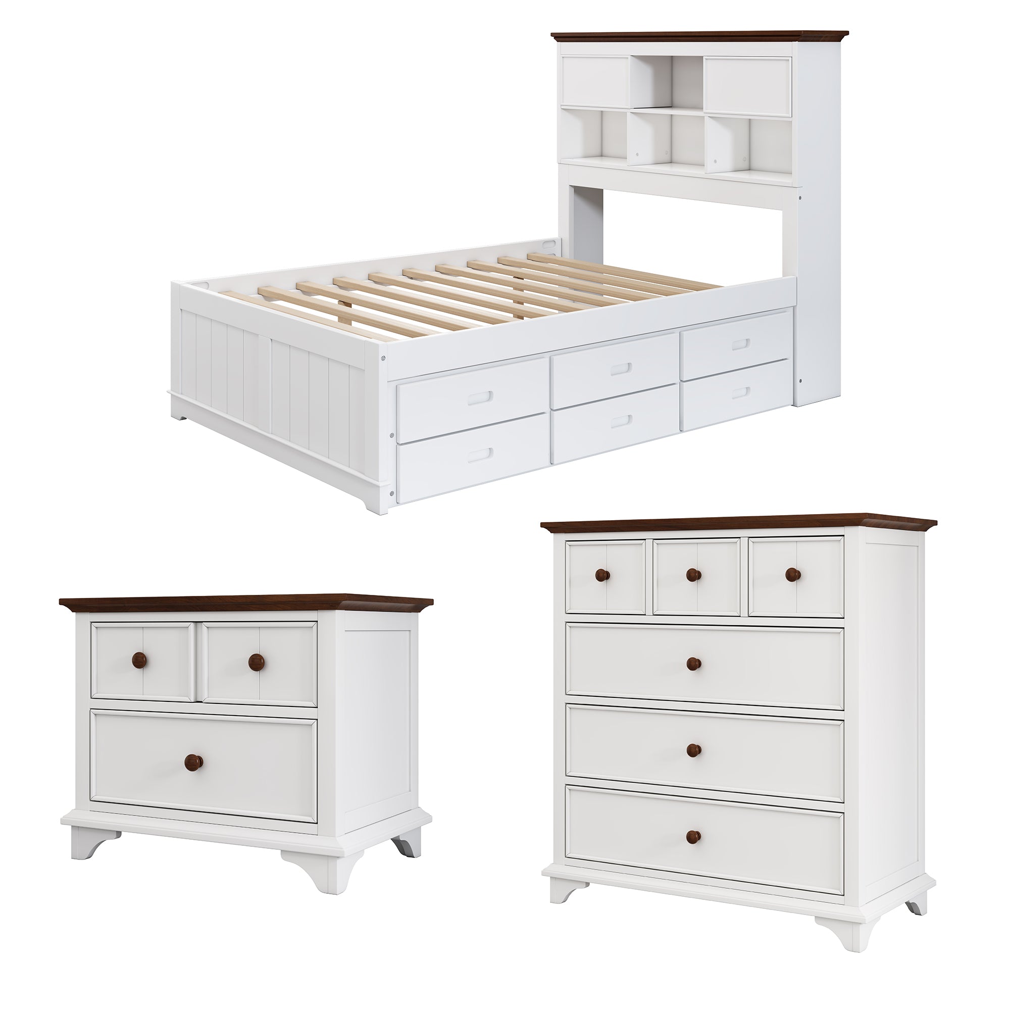 3 Pieces Wood Frame Bedroom Set Bed with Trundle, Nightstand and Chest