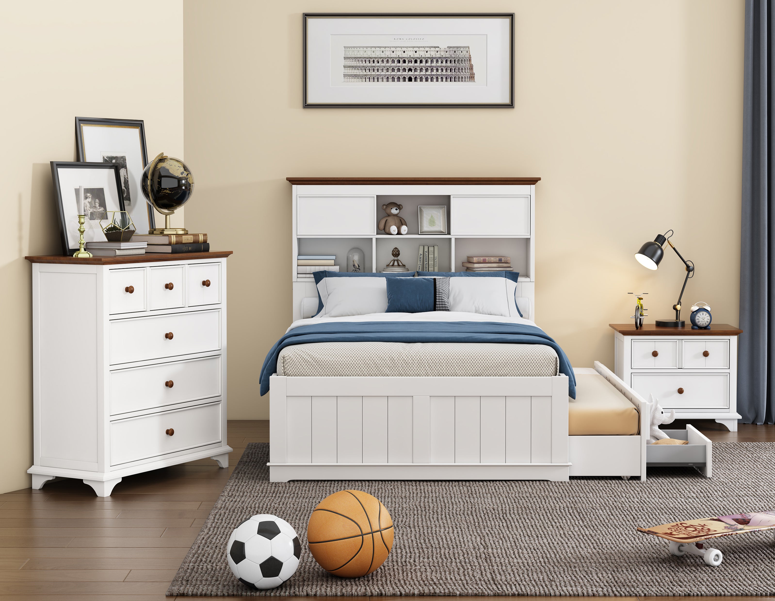 3 Pieces Wood Frame Bedroom Set Bed with Trundle, Nightstand and Chest