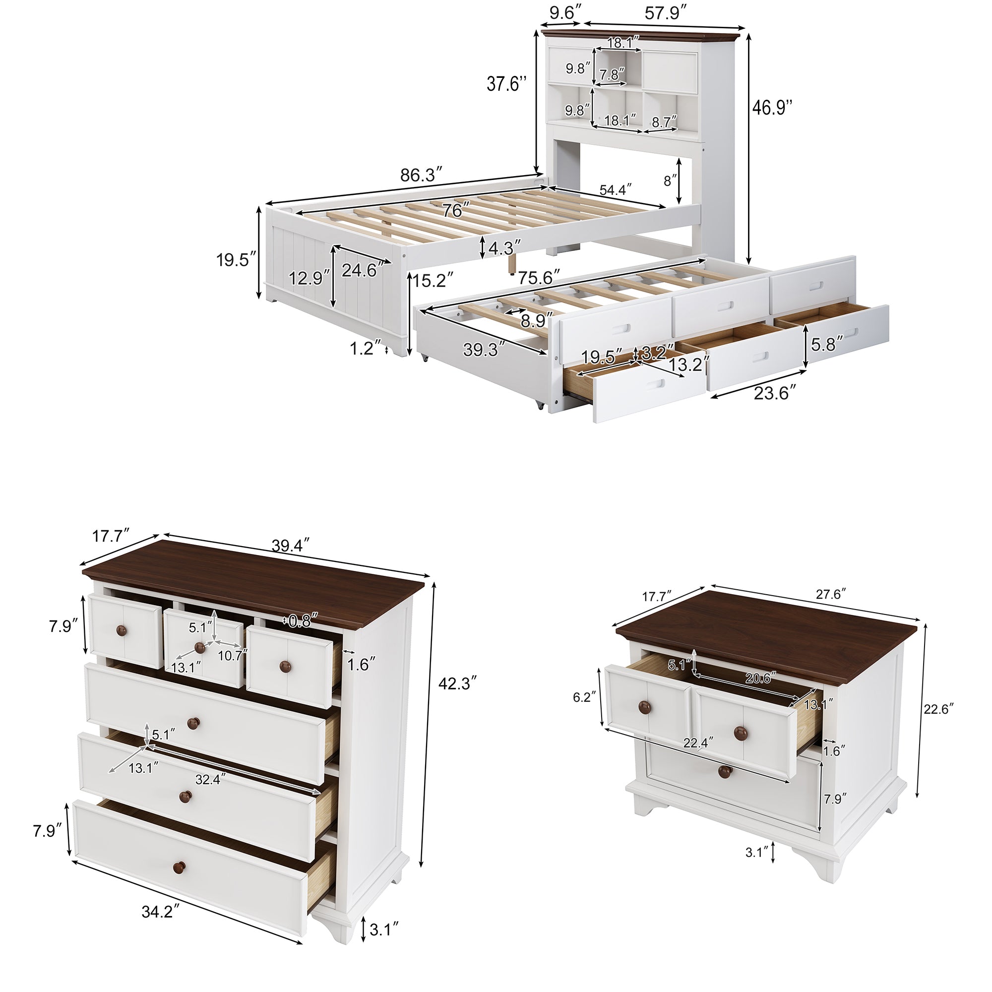 3 Pieces Wood Frame Bedroom Set Bed with Trundle, Nightstand and Chest