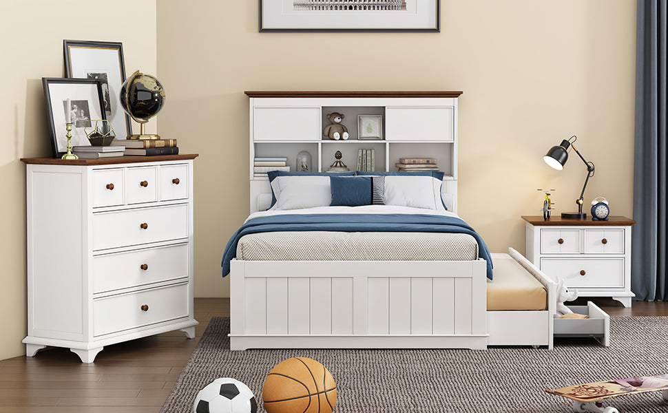 3 Pieces Wood Frame Bedroom Set Bed with Trundle, Nightstand and Chest
