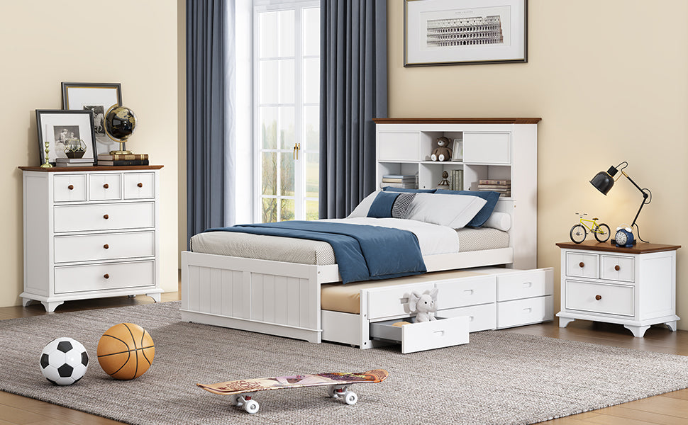 3 Pieces Wood Frame Bedroom Set Bed with Trundle, Nightstand and Chest