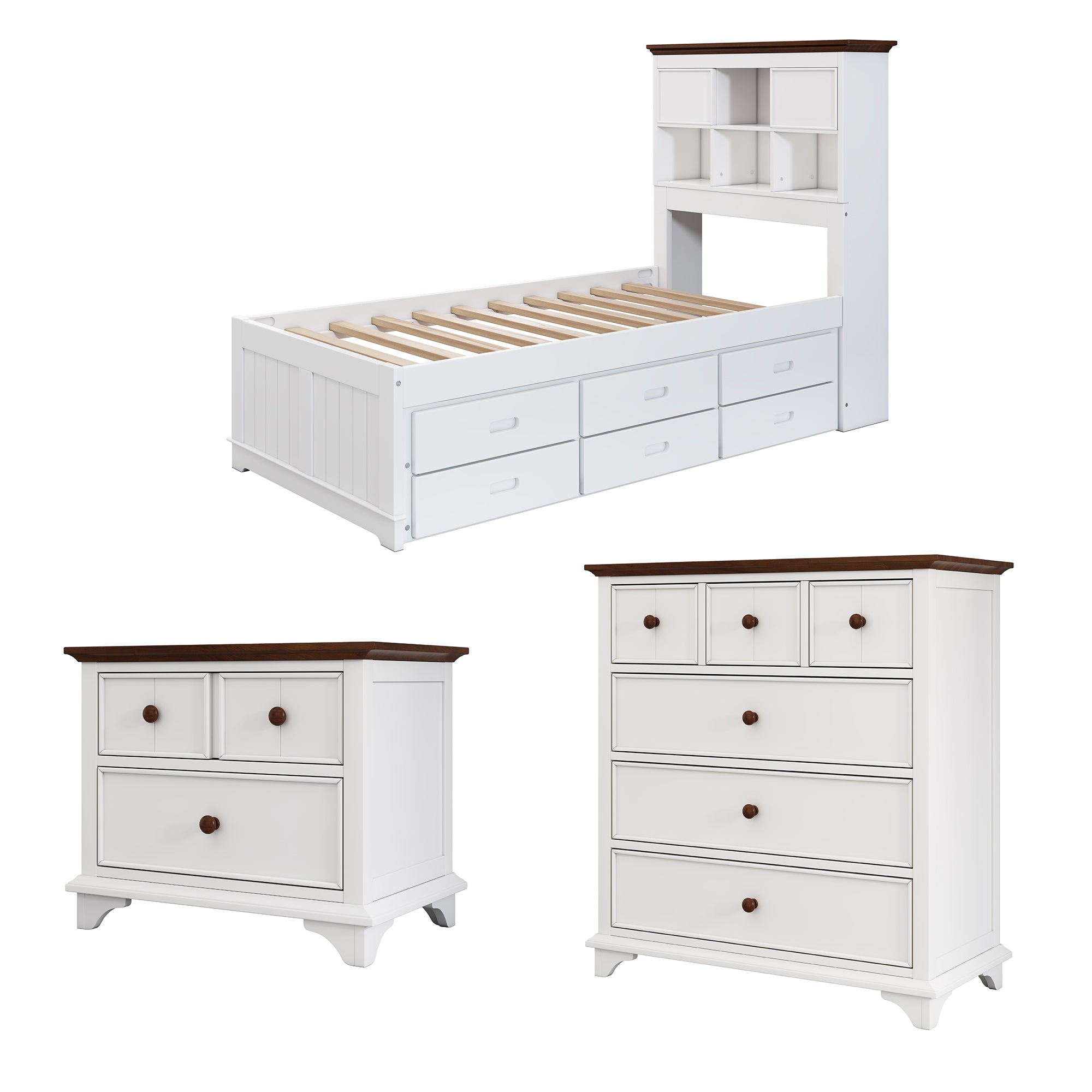 3 Pieces Wood Frame Bedroom Set Bed with Trundle, Nightstand and Chest