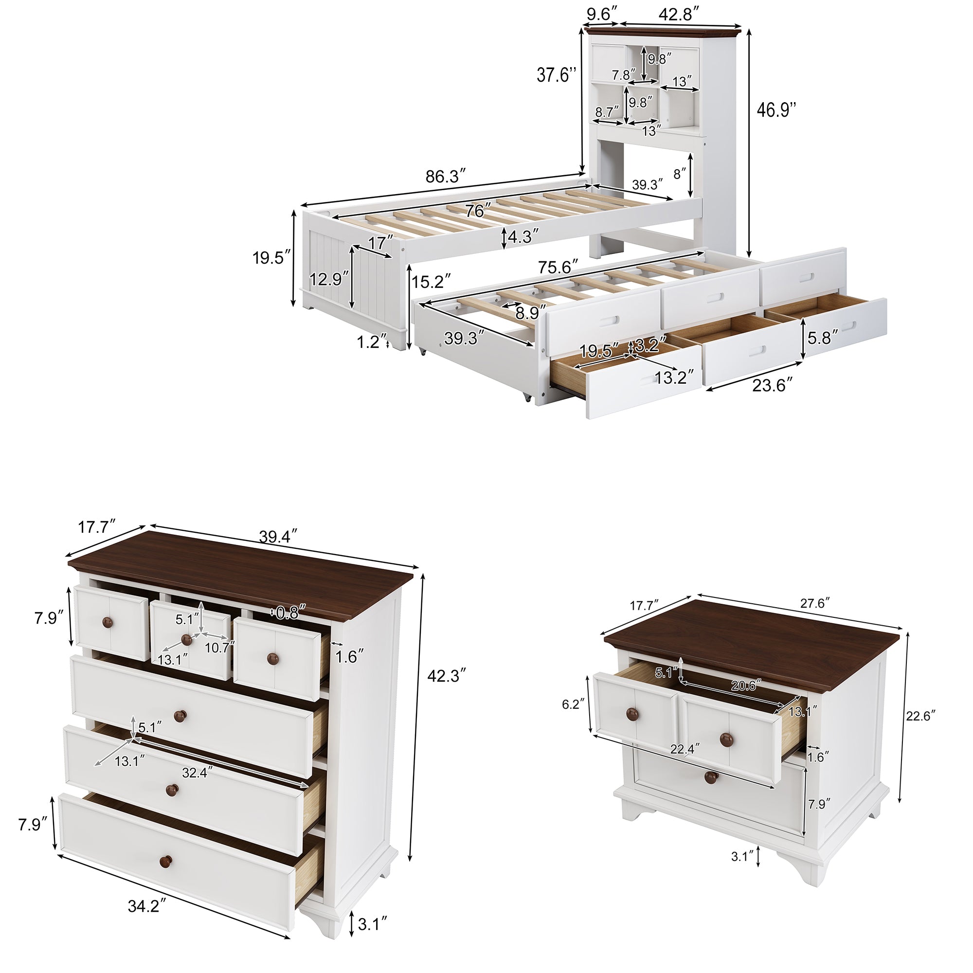 3 Pieces Wood Frame Bedroom Set Bed with Trundle, Nightstand and Chest