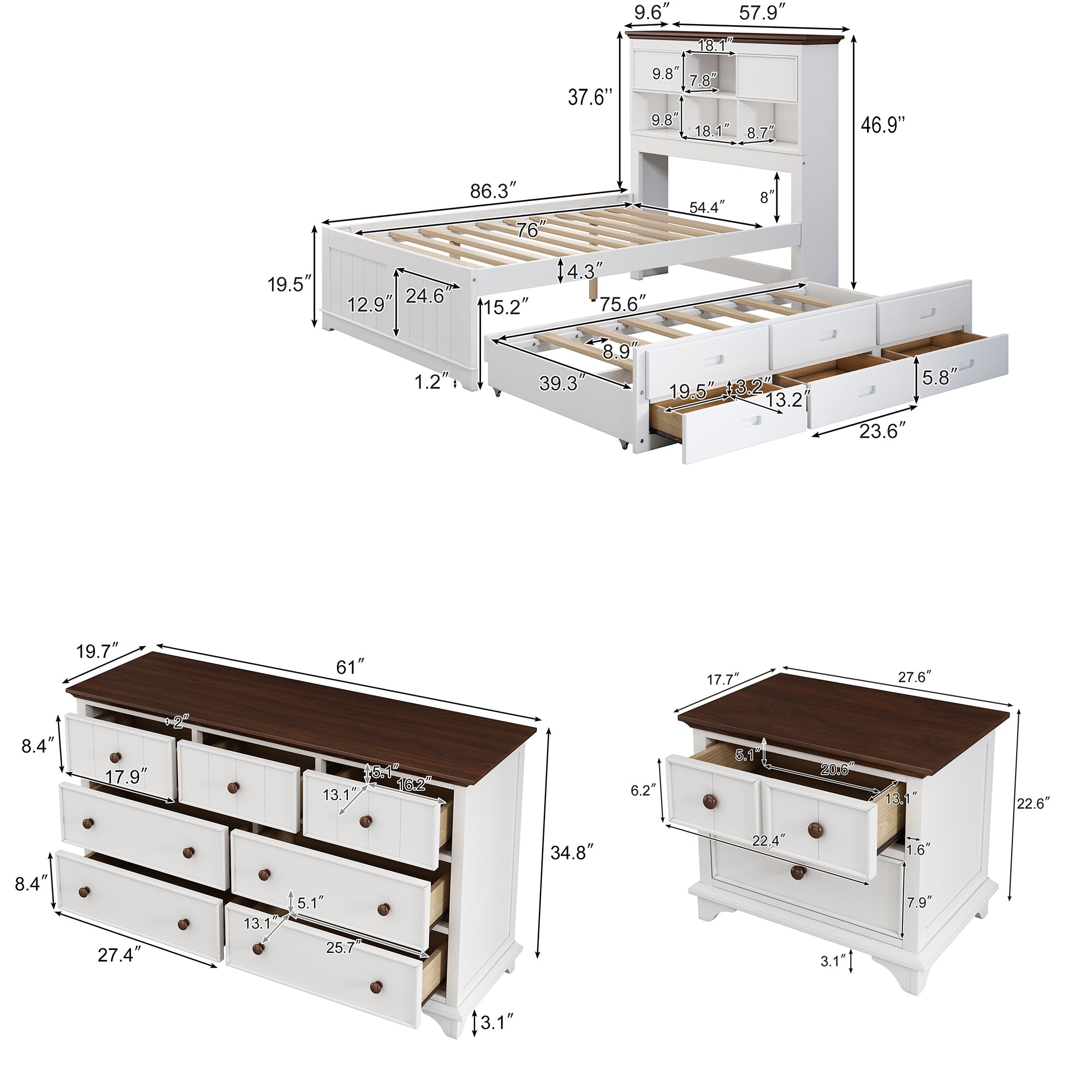 3 Pieces Wood Frame Bedroom Set