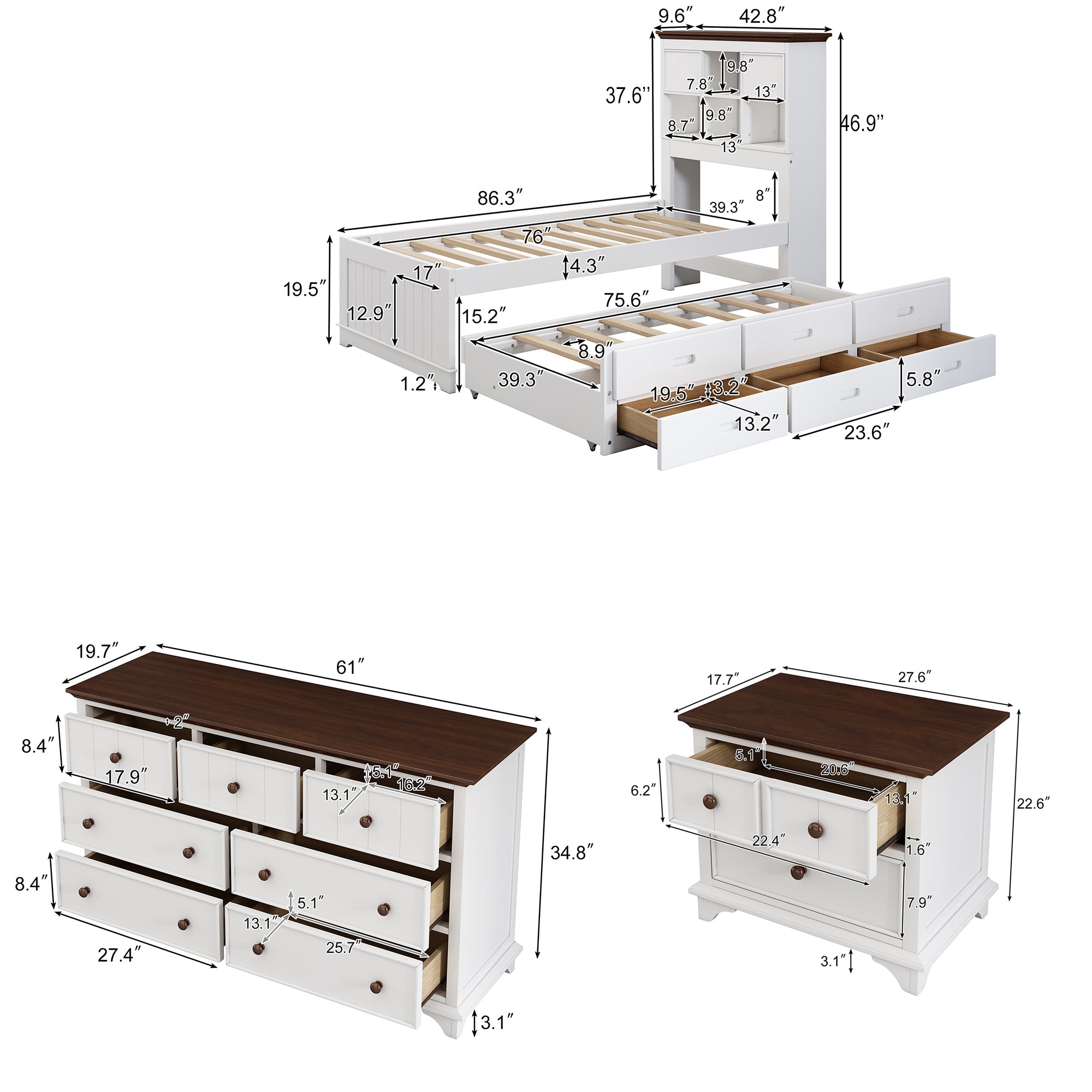 3 Pieces Wood Frame Bedroom Set