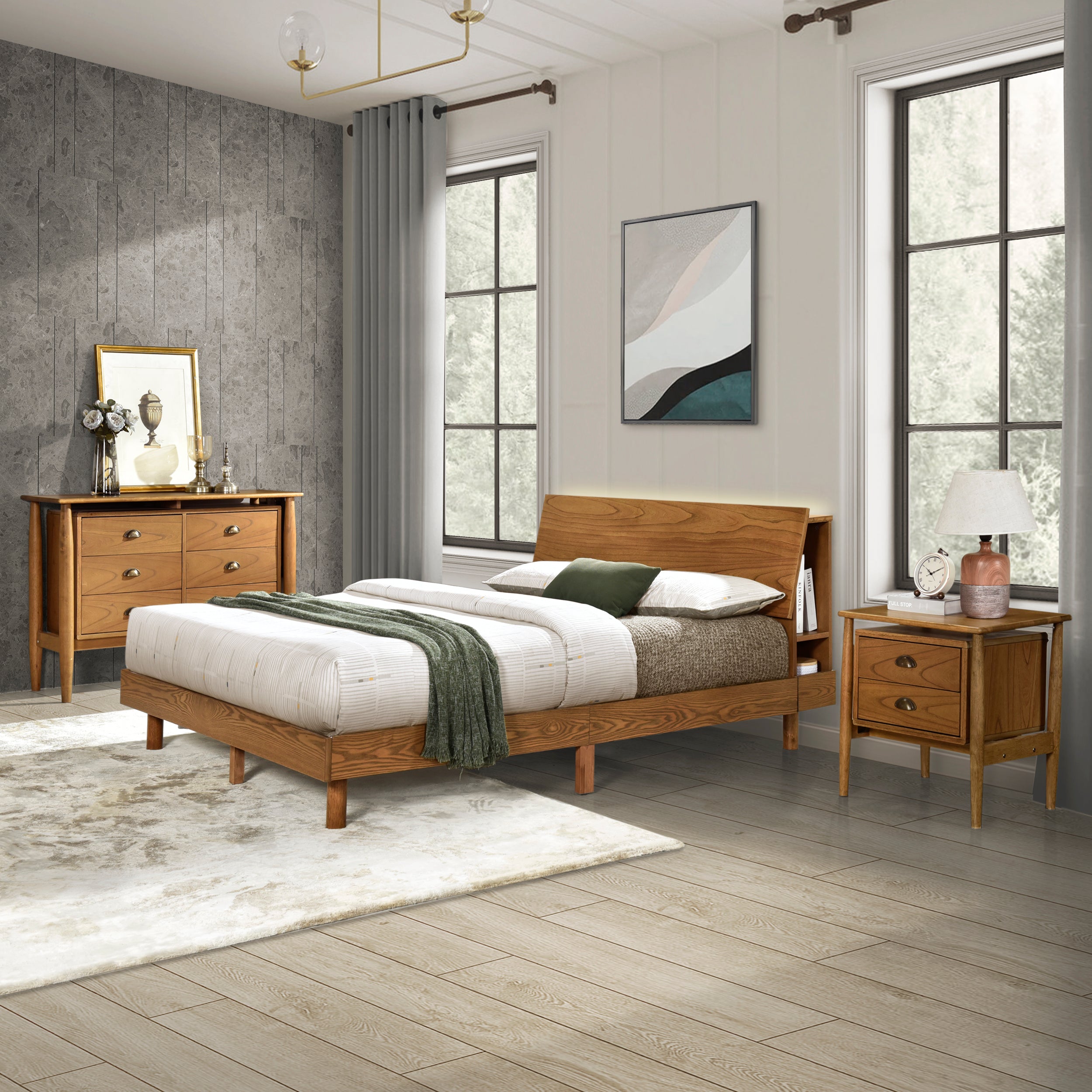 Queen Walnut Frame Bedroom Sets with Bookshelf