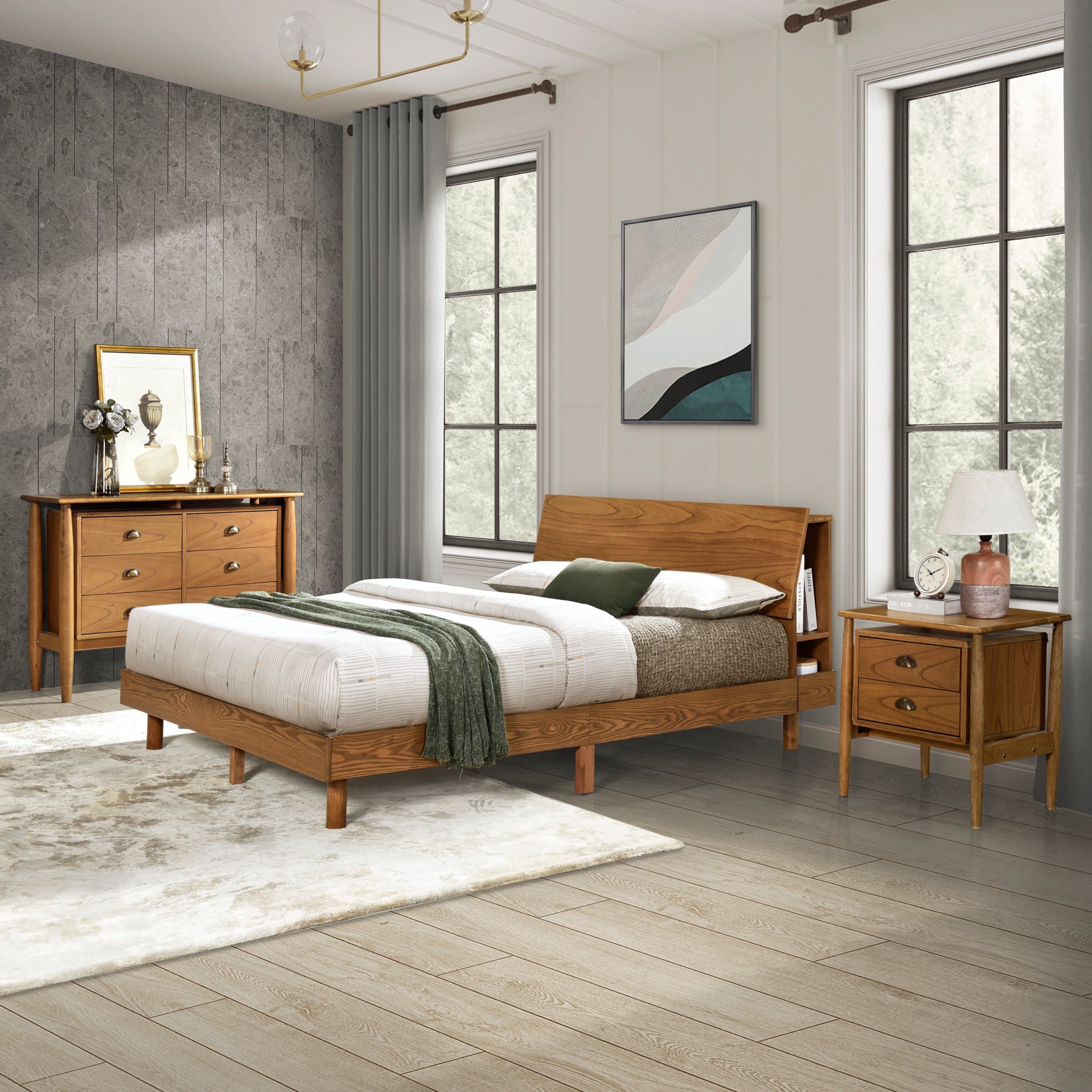 Queen Walnut Frame Bedroom Sets with Bookshelf