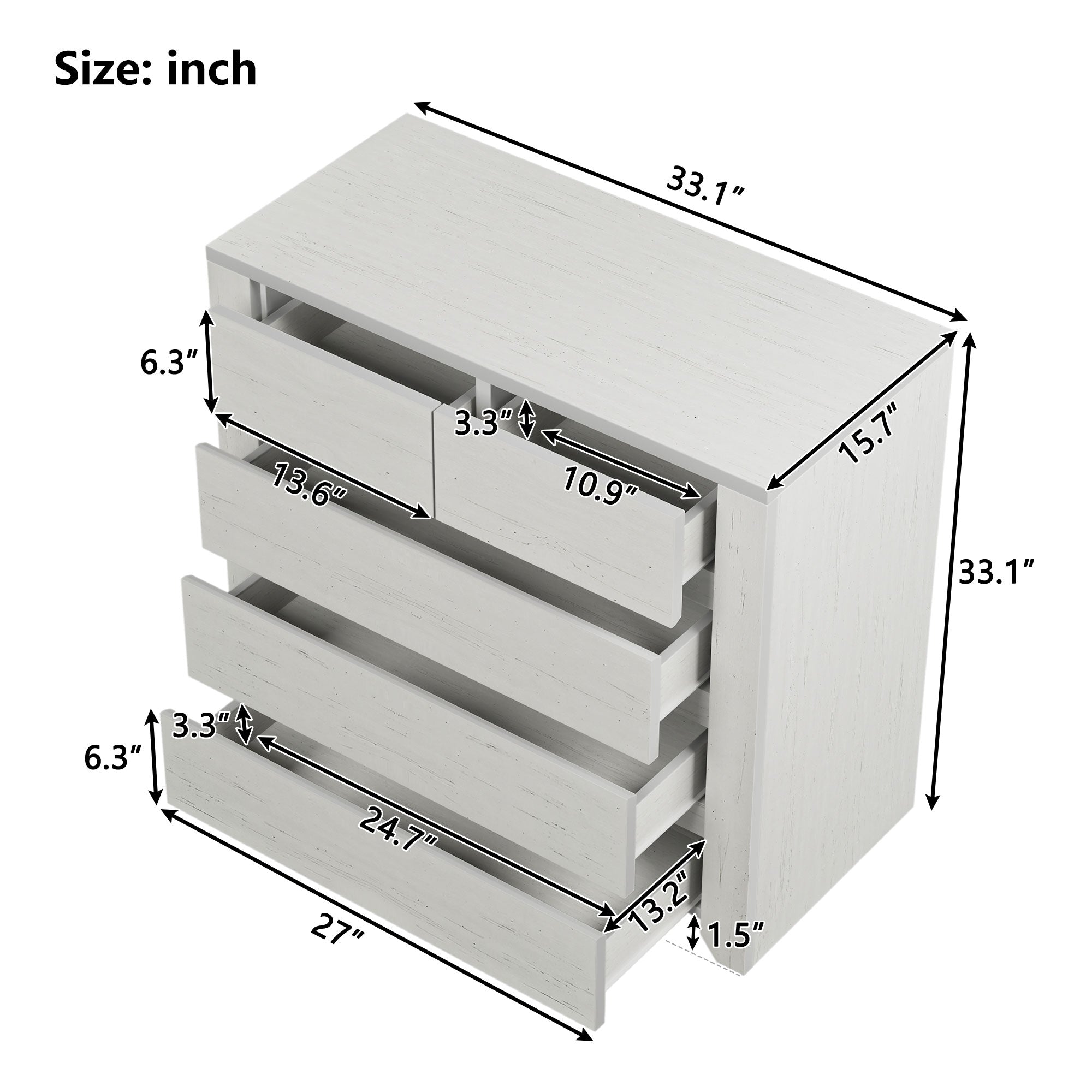 33 in. W 5-Drawer Wood Chest in Stone Gray