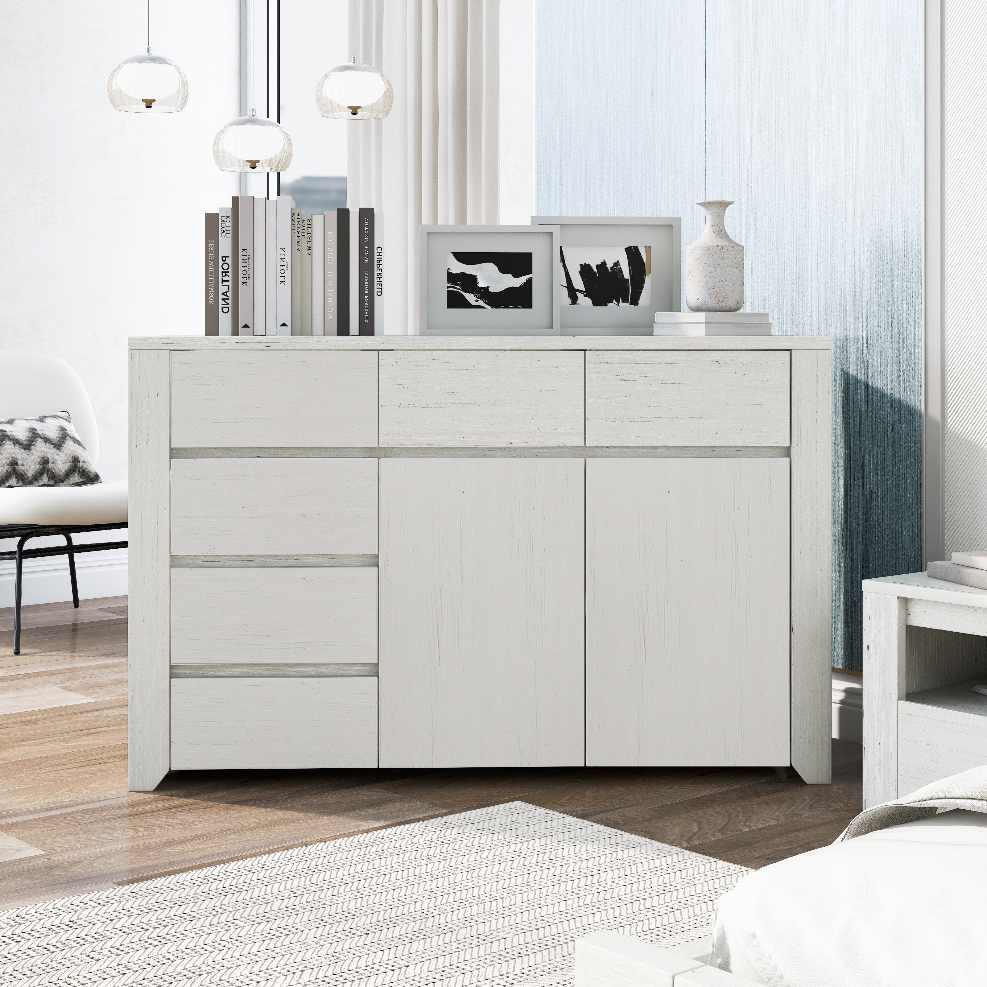 33 in. W 5-Drawer Wood Chest in Stone Gray