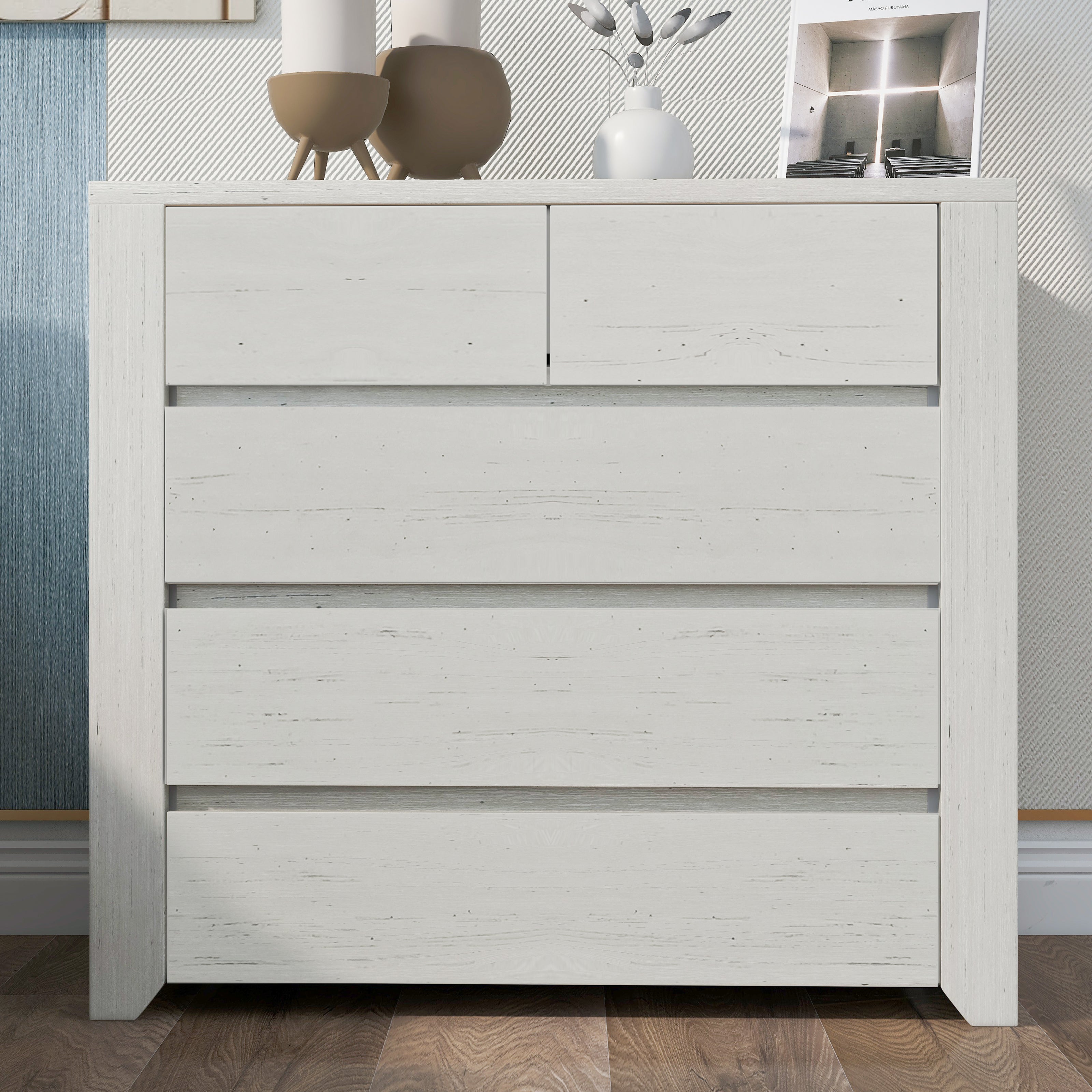 33 in. W 5-Drawer Wood Chest in Stone Gray