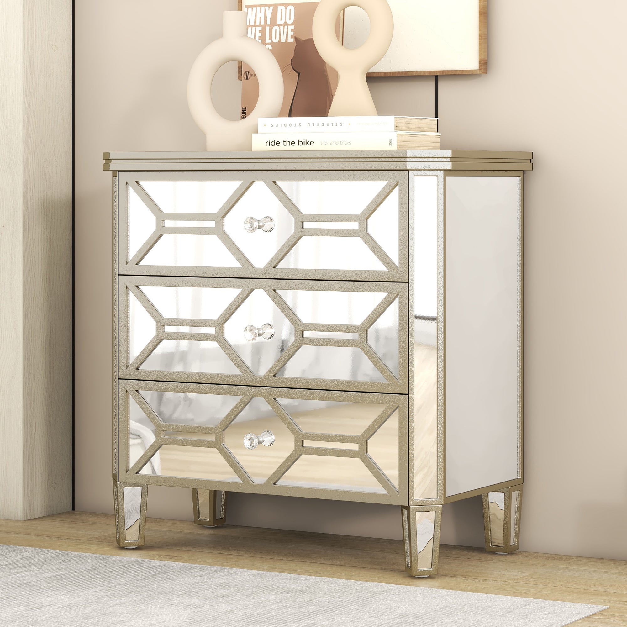 31 in. W 3-Drawer Glass Chest in Silver