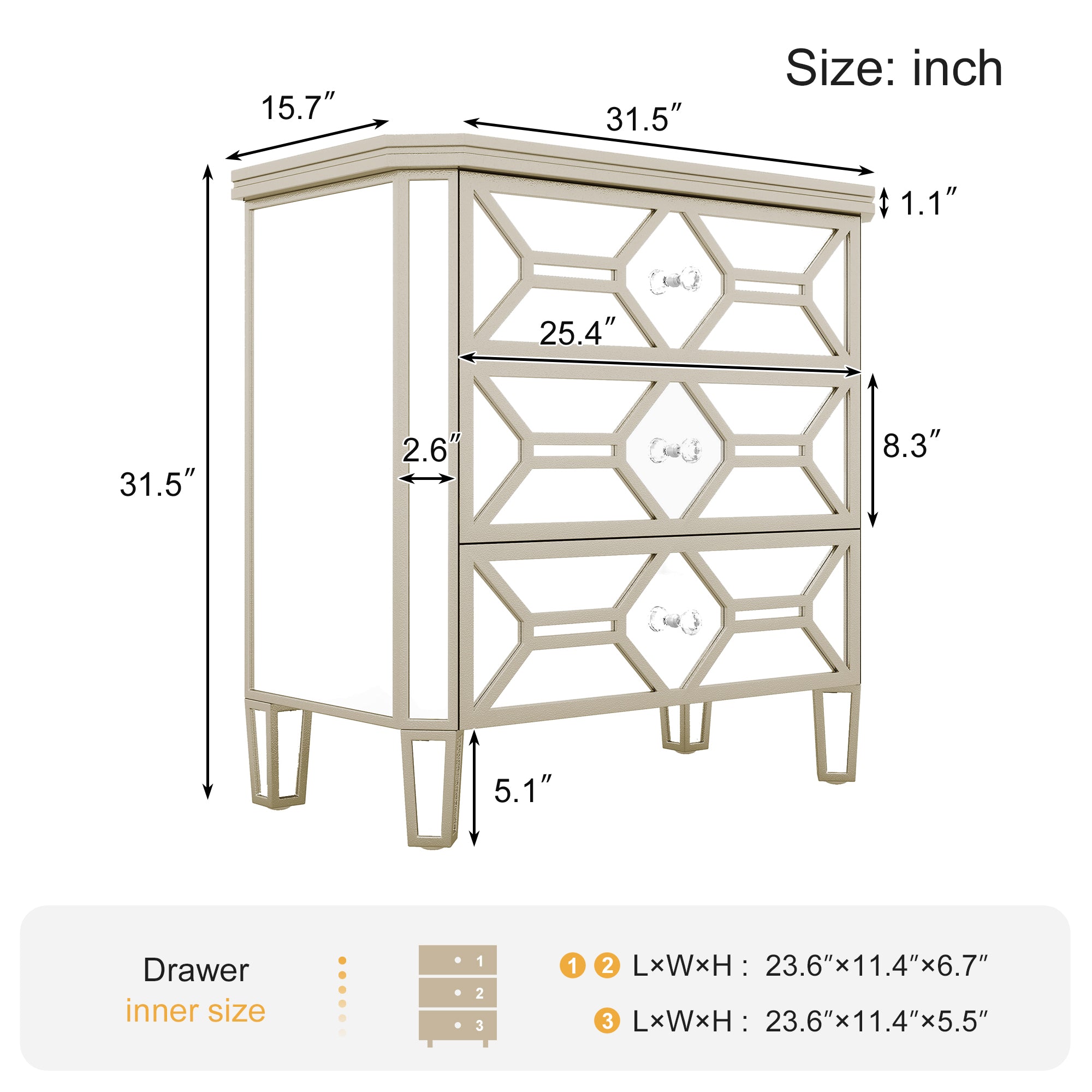 31 in. W 3-Drawer Glass Chest in Silver