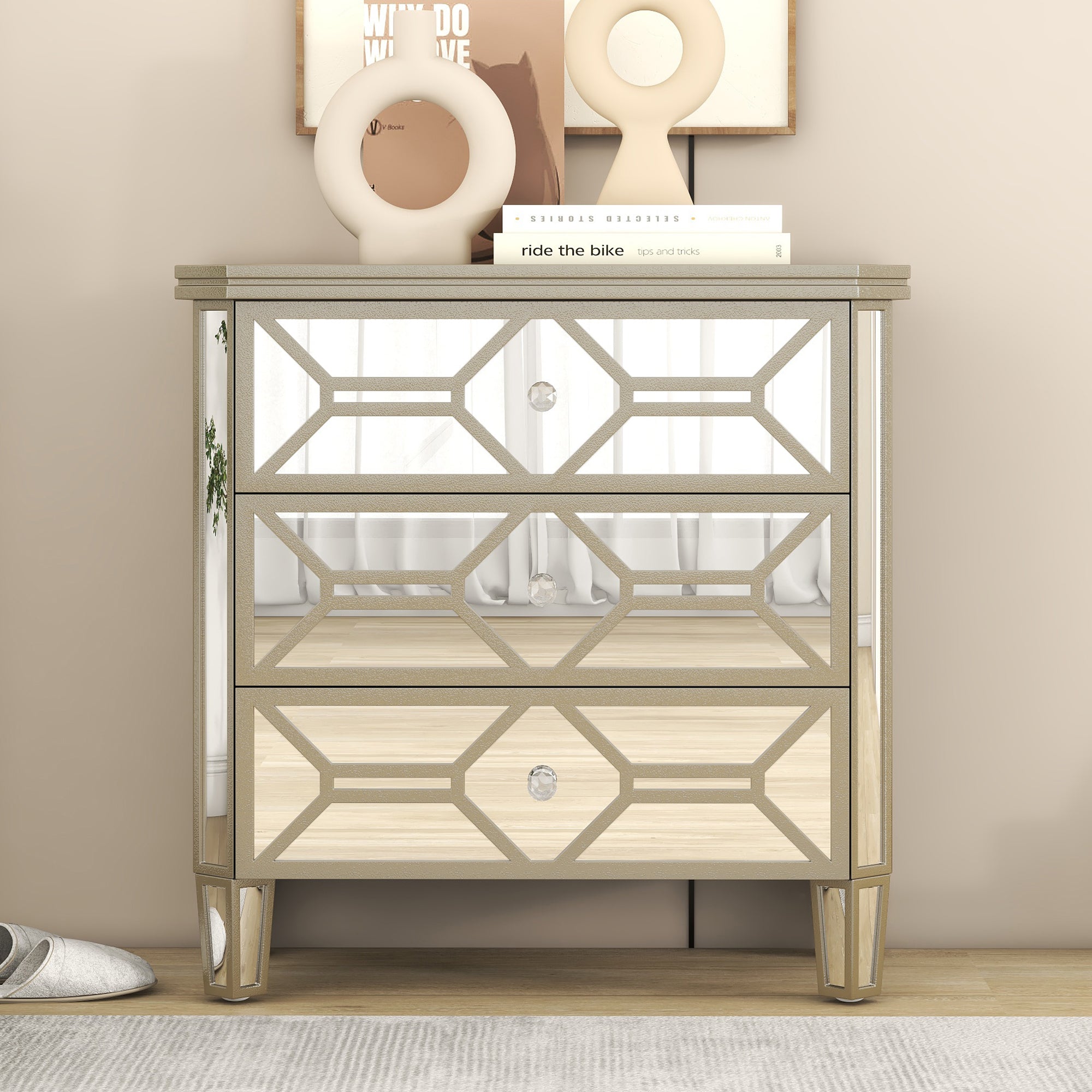 31 in. W 3-Drawer Glass Chest in Silver