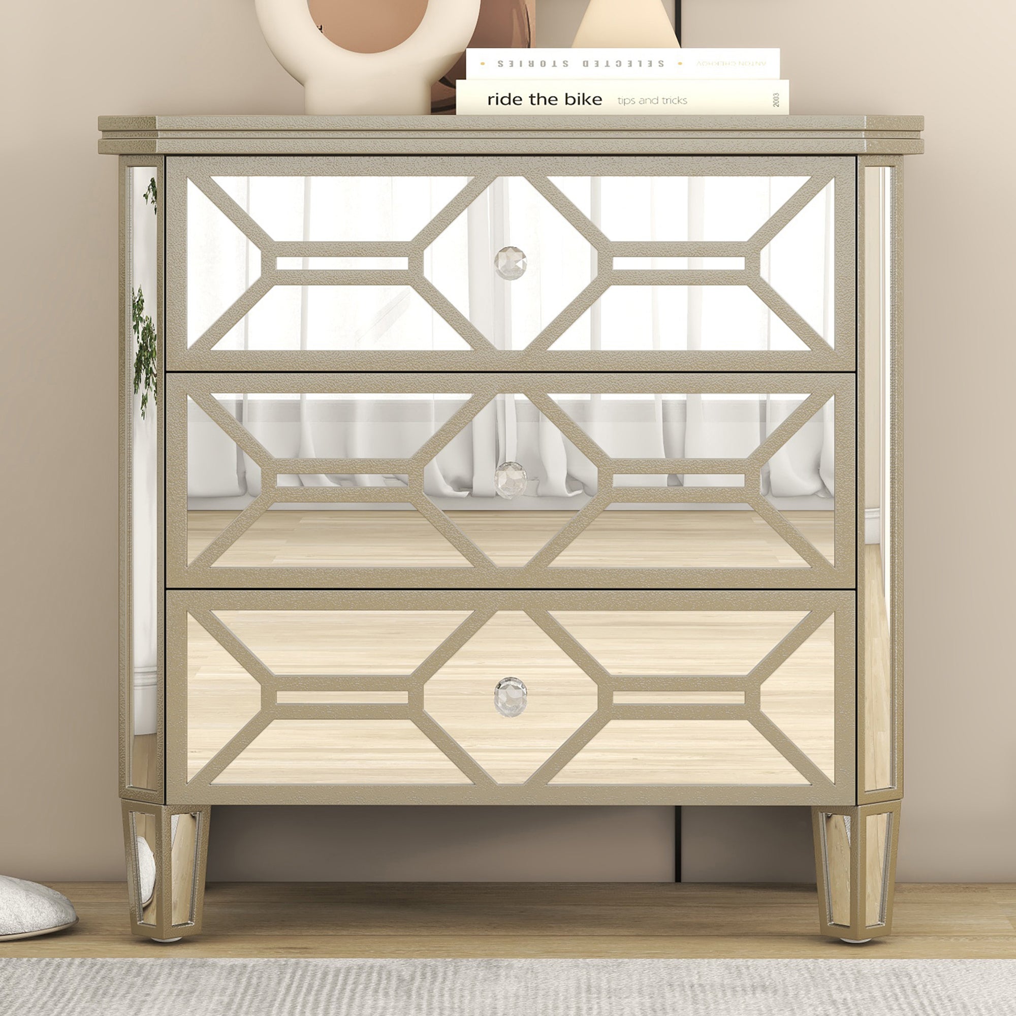 31 in. W 3-Drawer Glass Chest in Silver