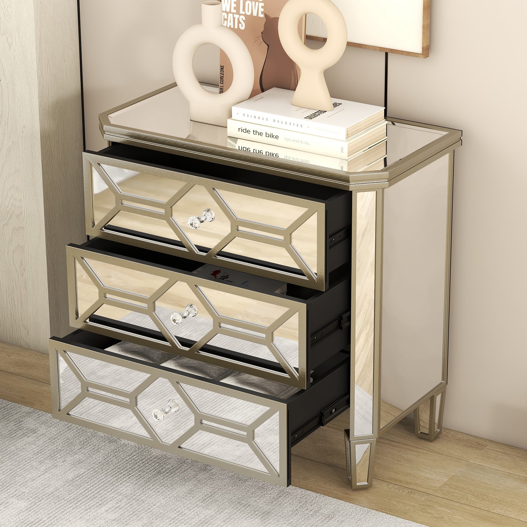 31 in. W 3-Drawer Glass Chest in Silver
