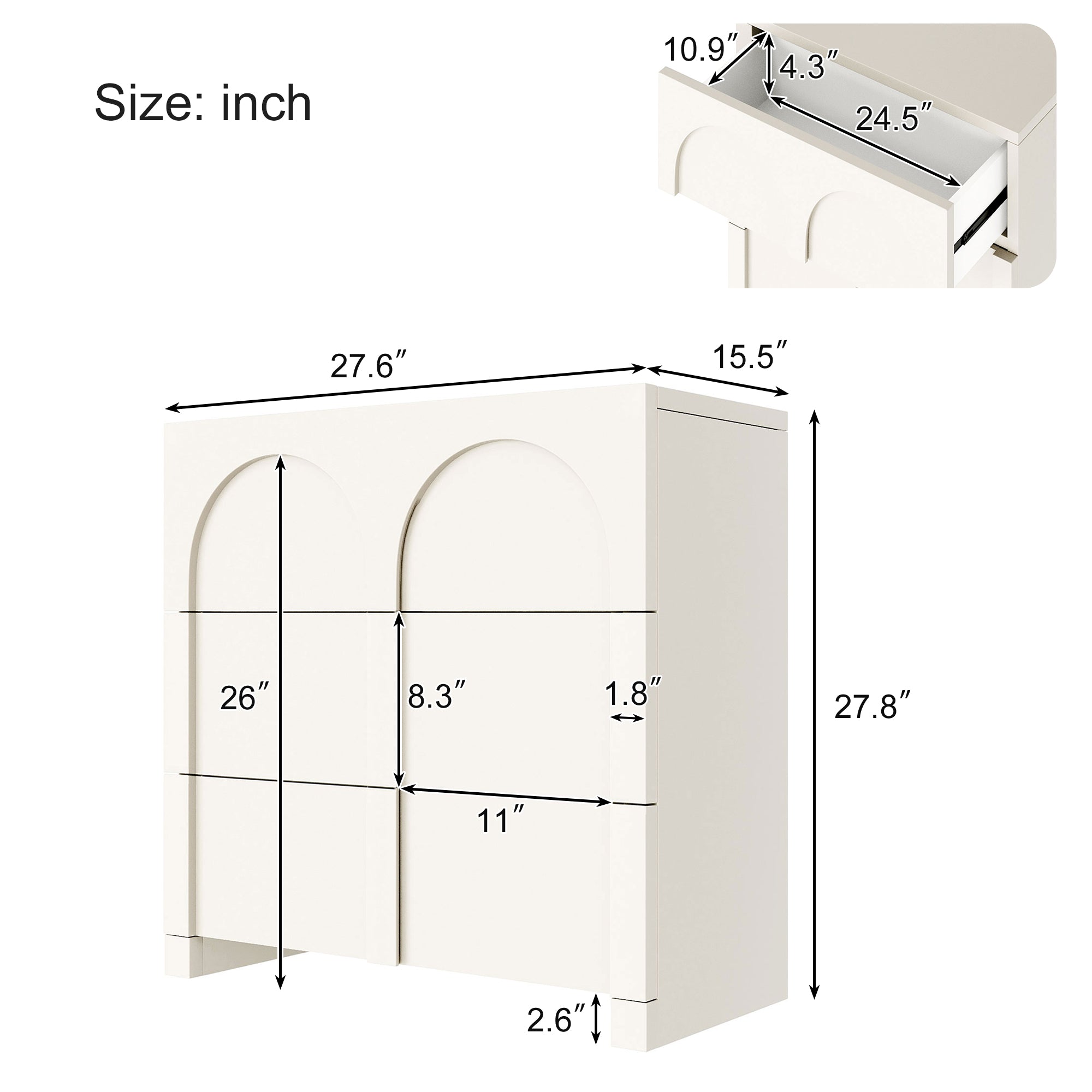 27.6 in. W 3-Drawer Solid Wood and MDF Chest in White
