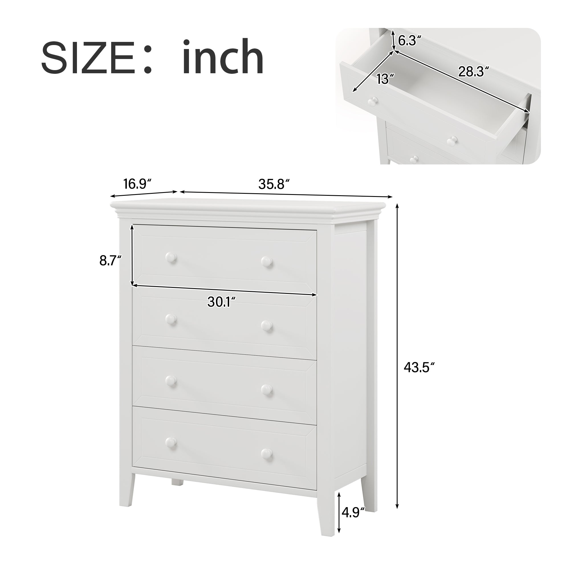 4-Drawer Solid Wood Chest in White