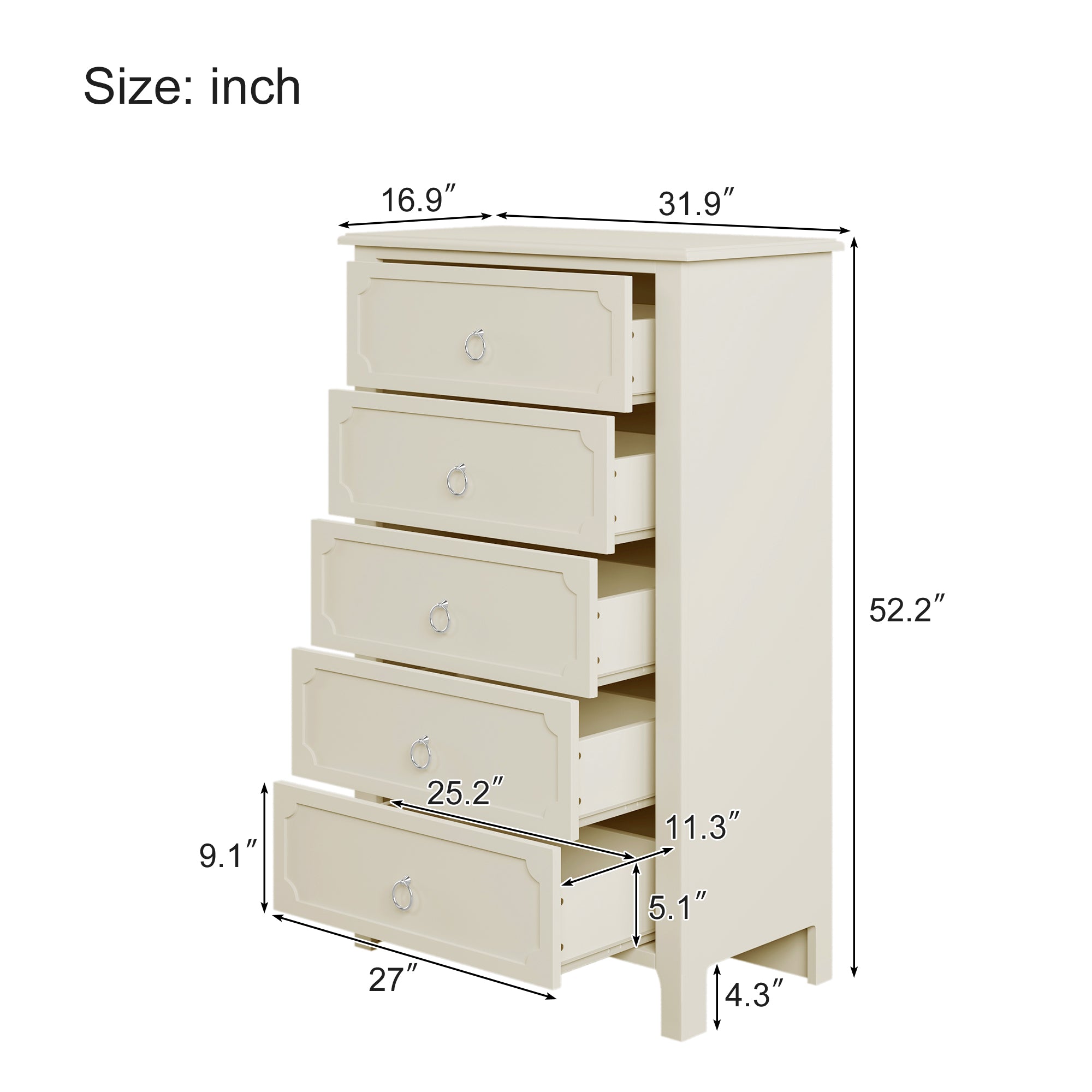 32" W 5-Drawer Solid Wood and MDF Chest in White