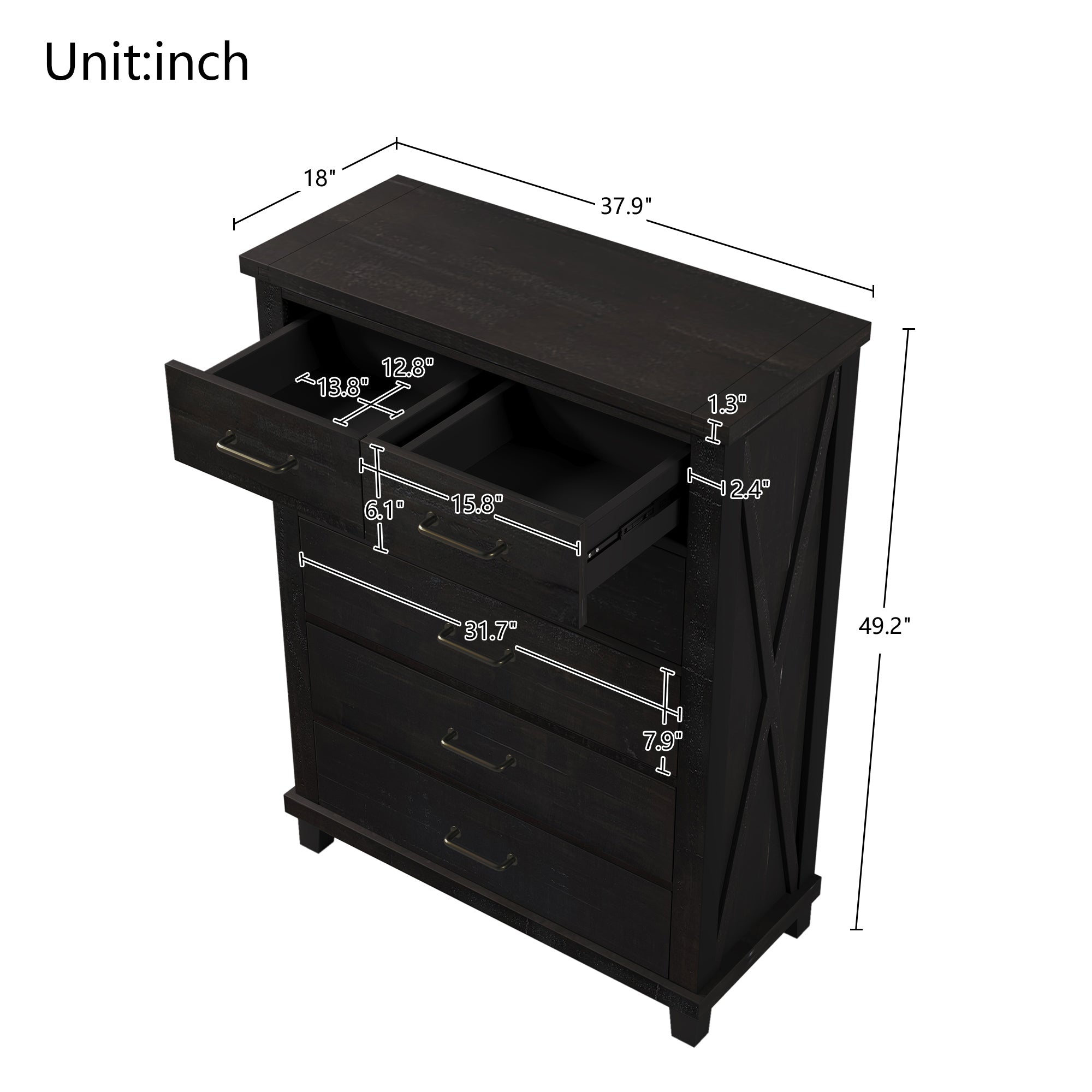 38" W 6-Drawer Solid Wood and MDF Chest in Coffee
