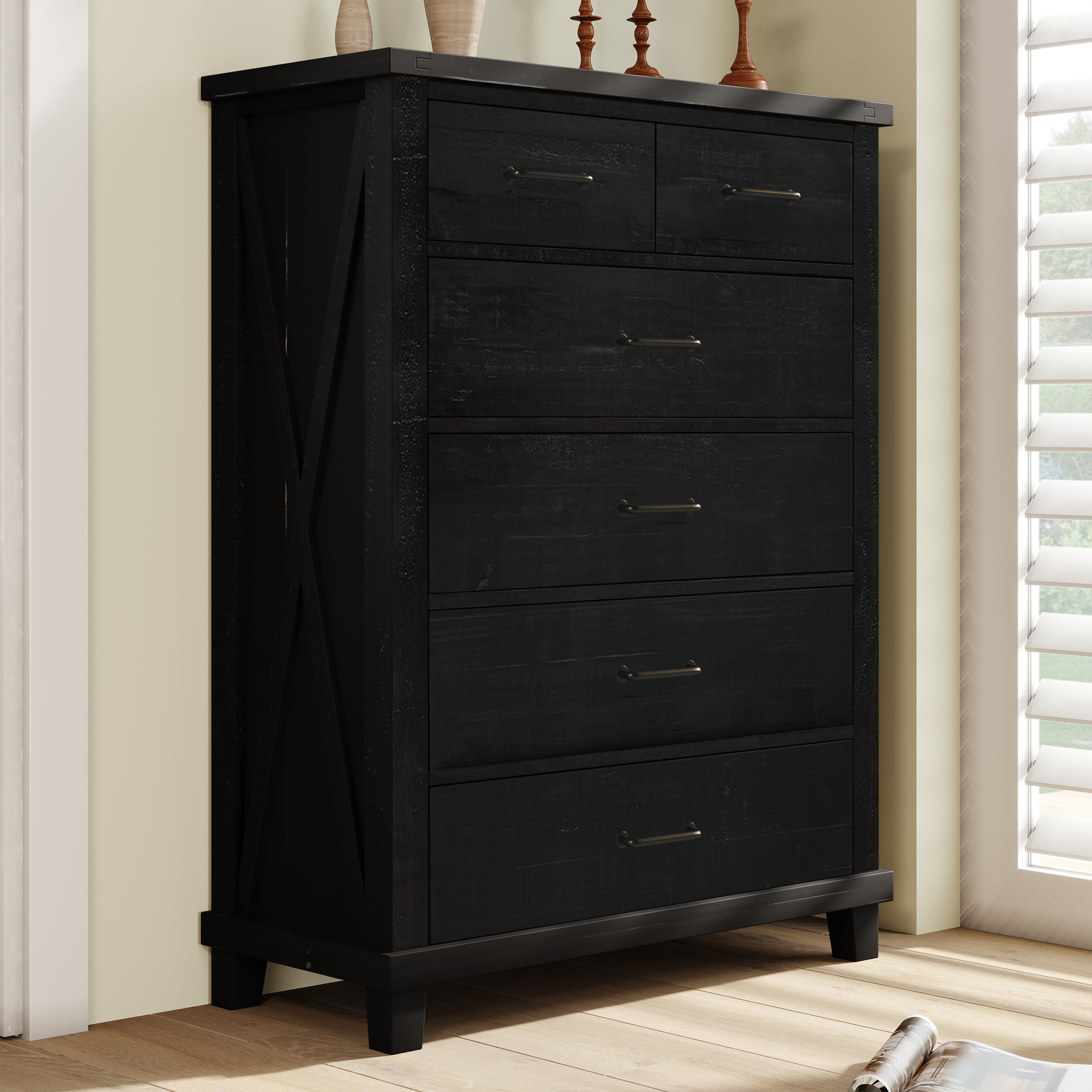 38" W 6-Drawer Solid Wood and MDF Chest in Coffee