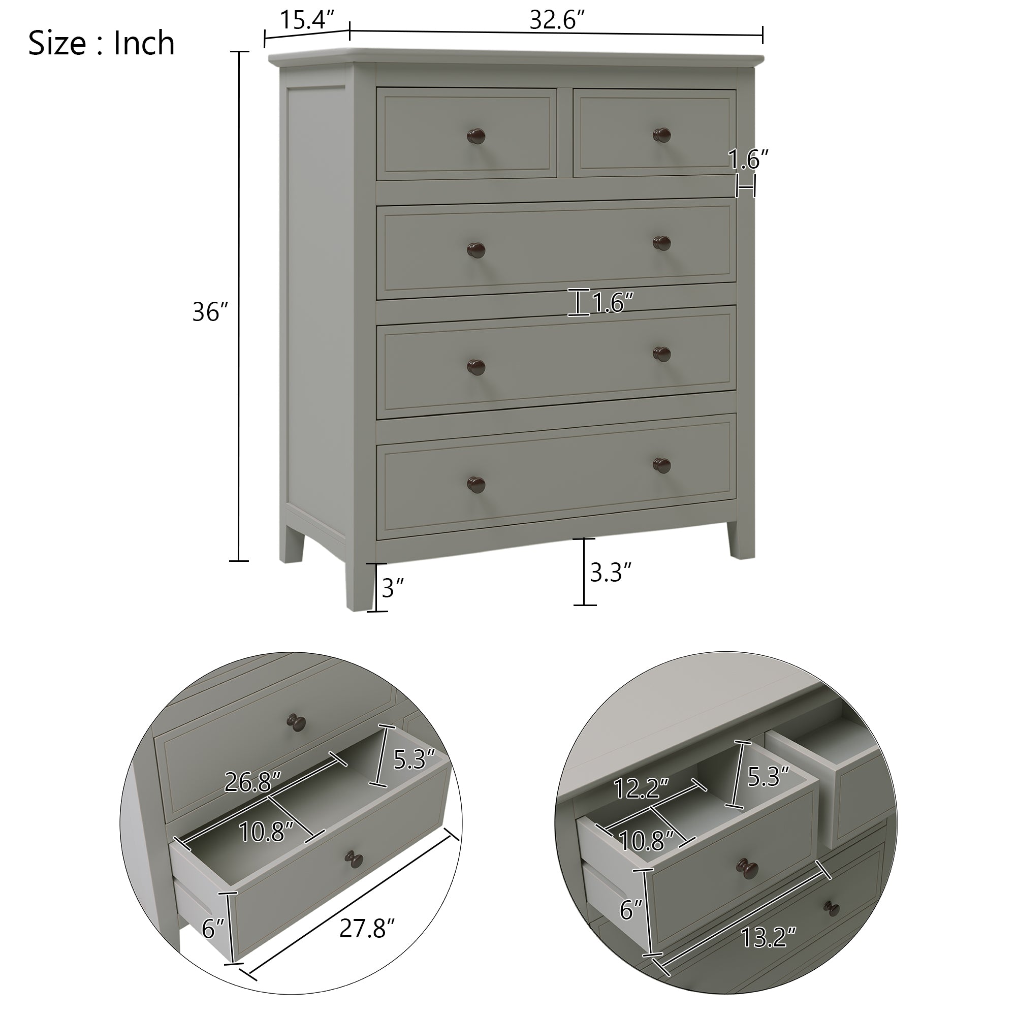 32.6"L 5-Drawer Solid Wood Chest