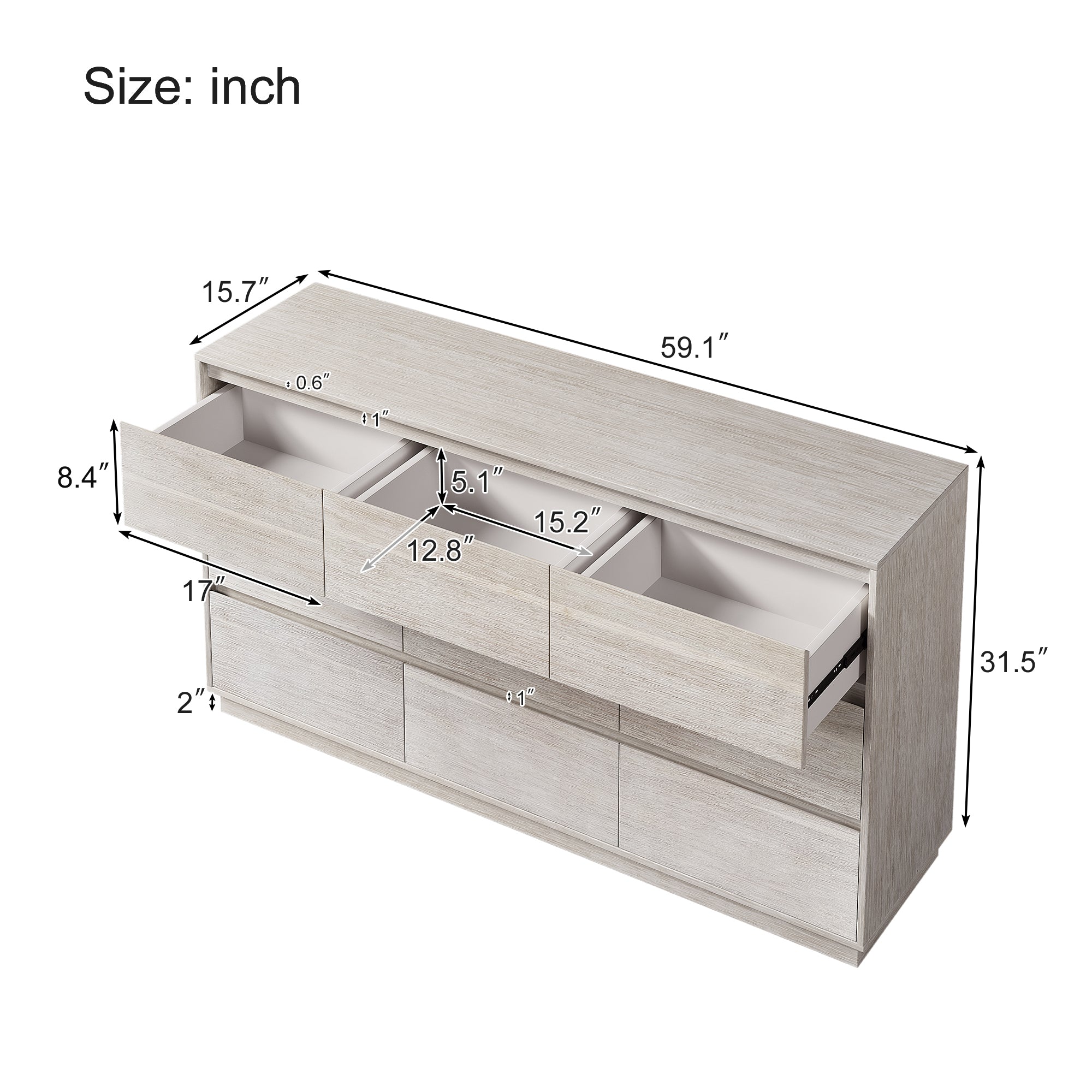 59" W 9-Drawer Solid Wood and MDF Dresser in Stone White