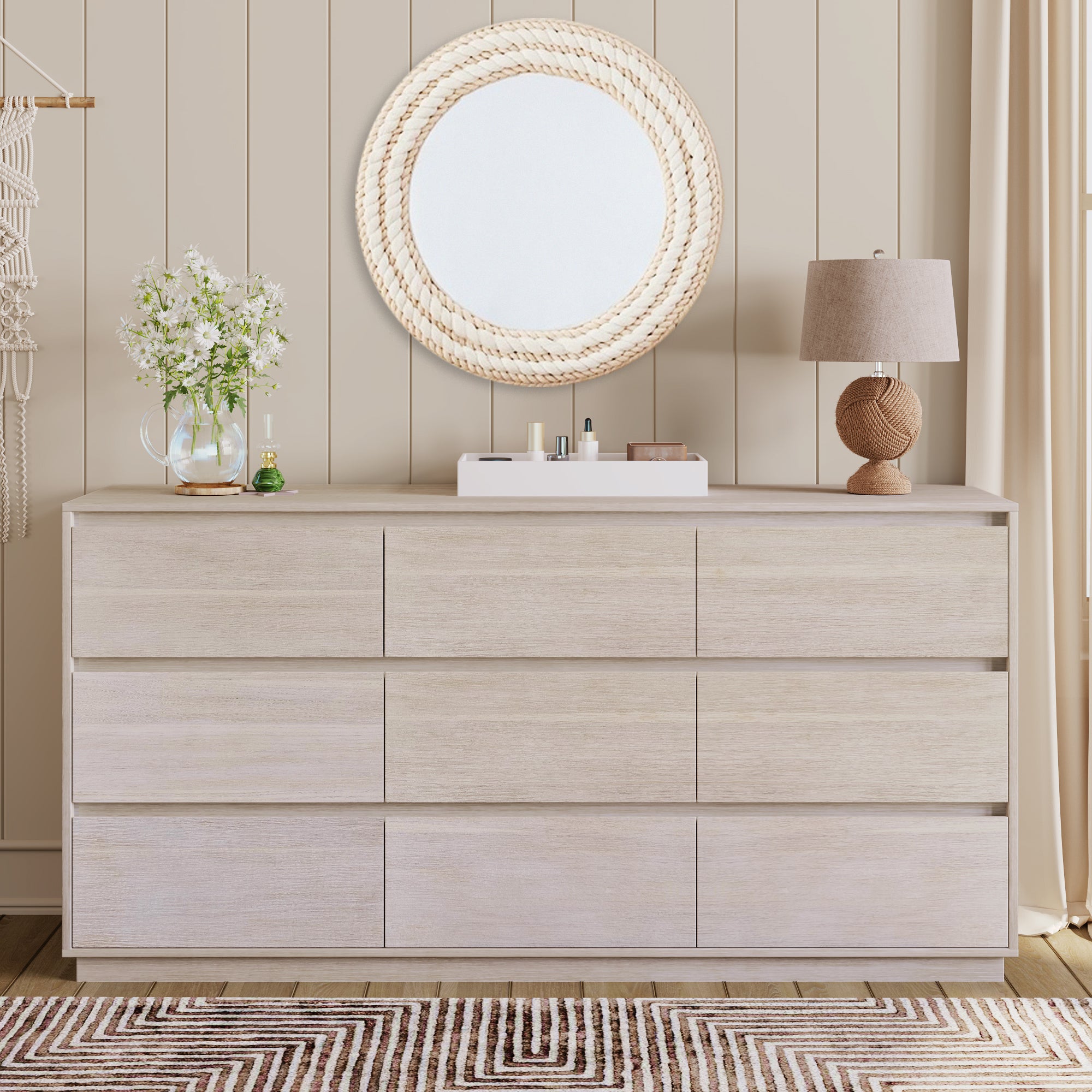 59" W 9-Drawer Solid Wood and MDF Dresser in Stone White