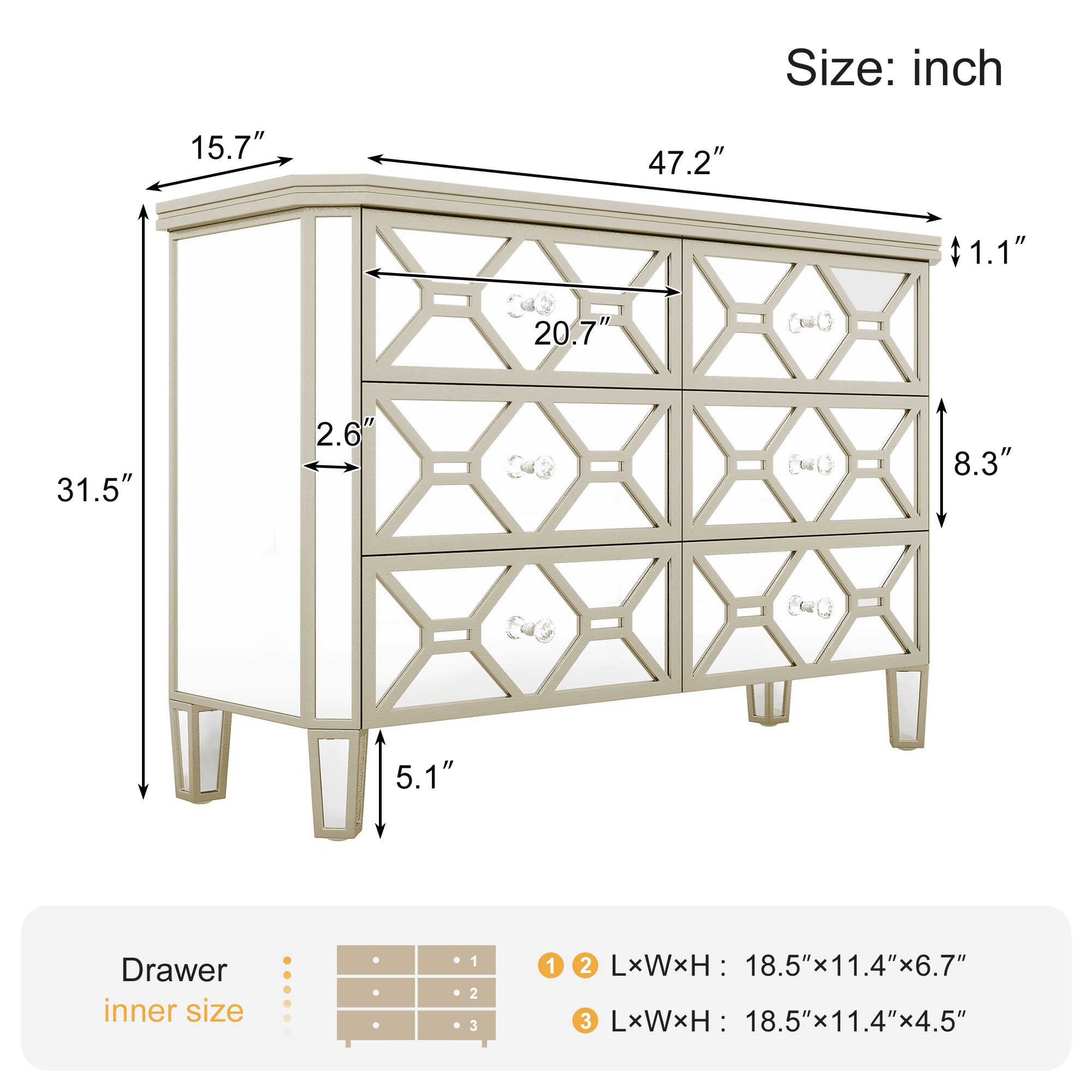 47.24 in. W 6-Drawer Glass Dresser in Silver