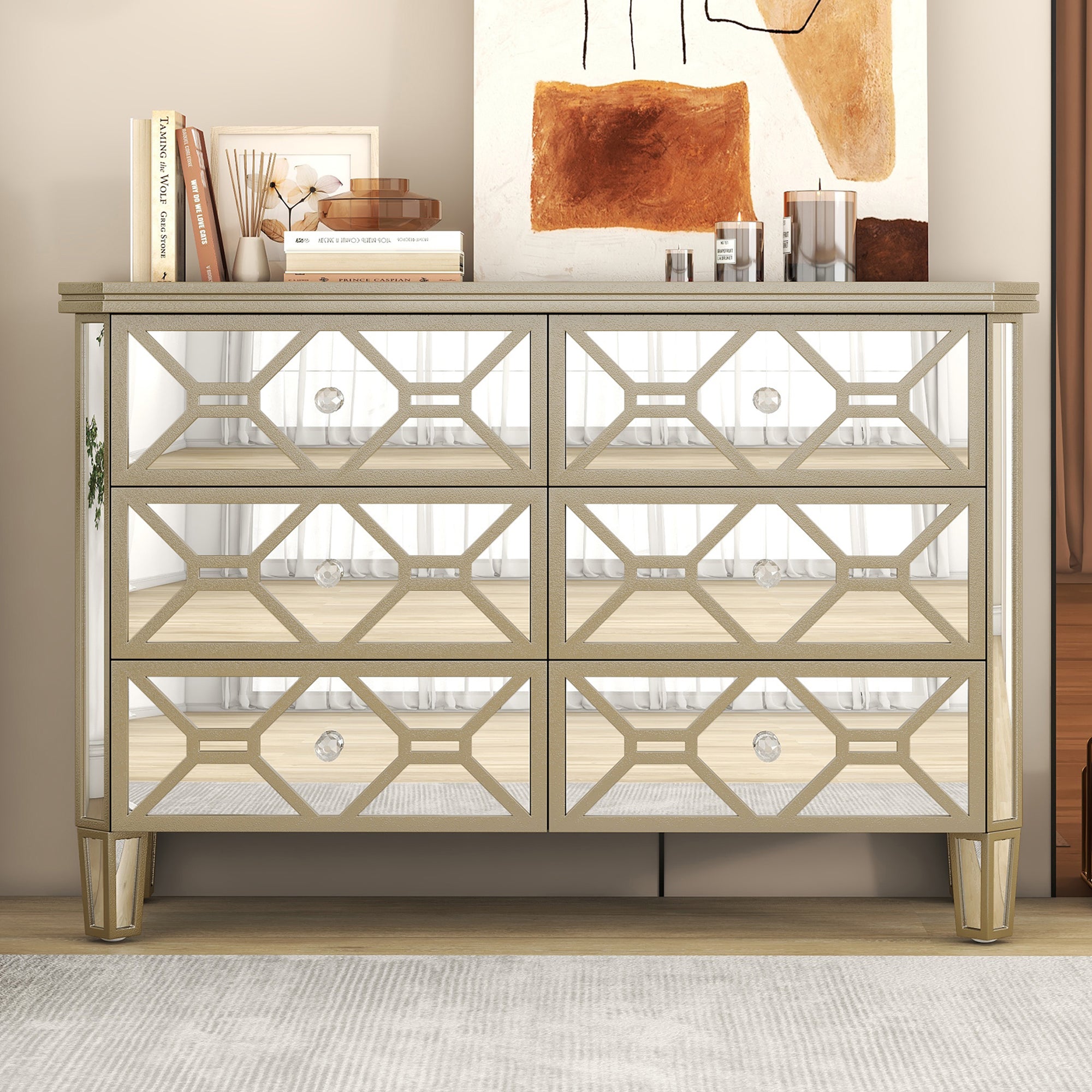 47.24 in. W 6-Drawer Glass Dresser in Silver