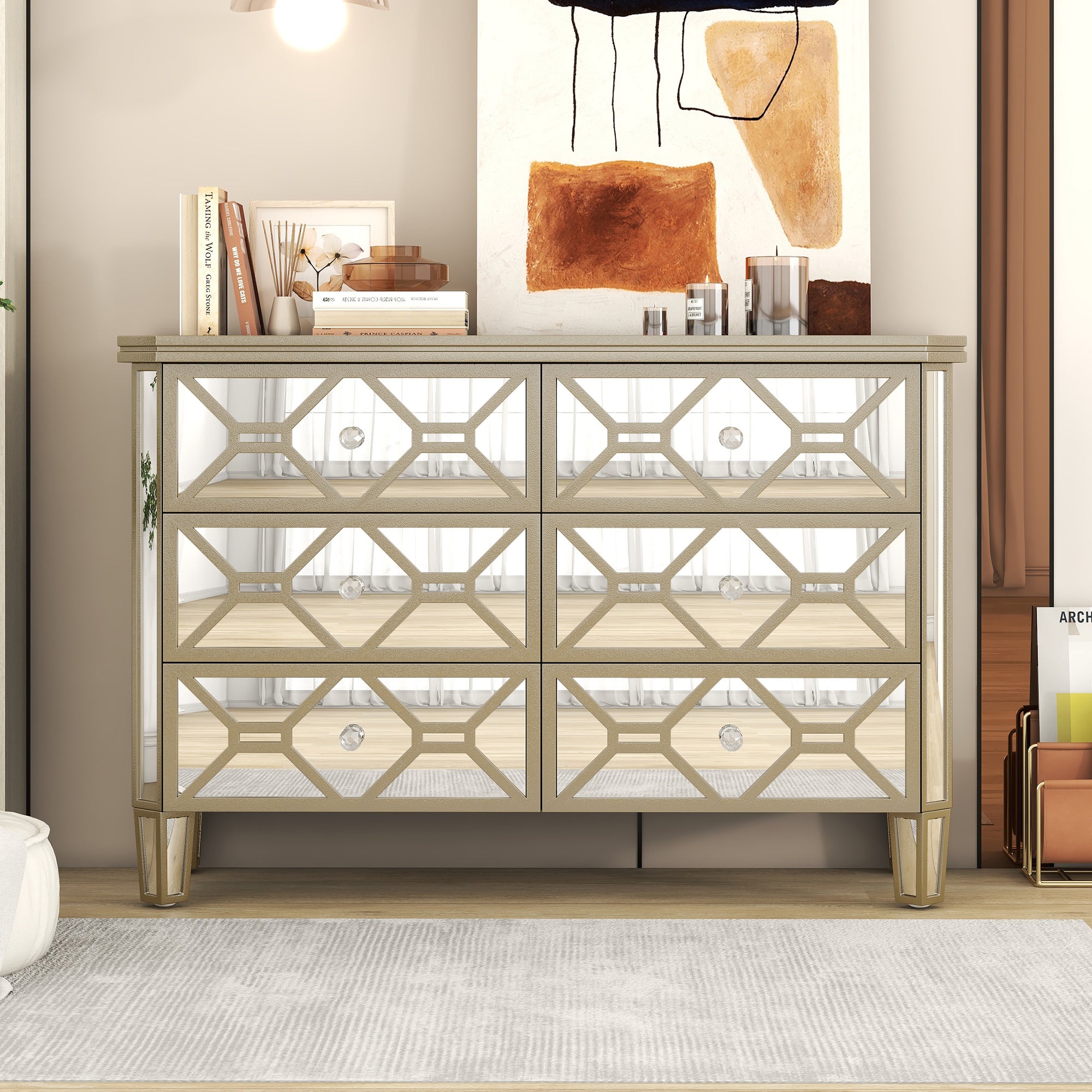 47.24 in. W 6-Drawer Glass Dresser in Silver