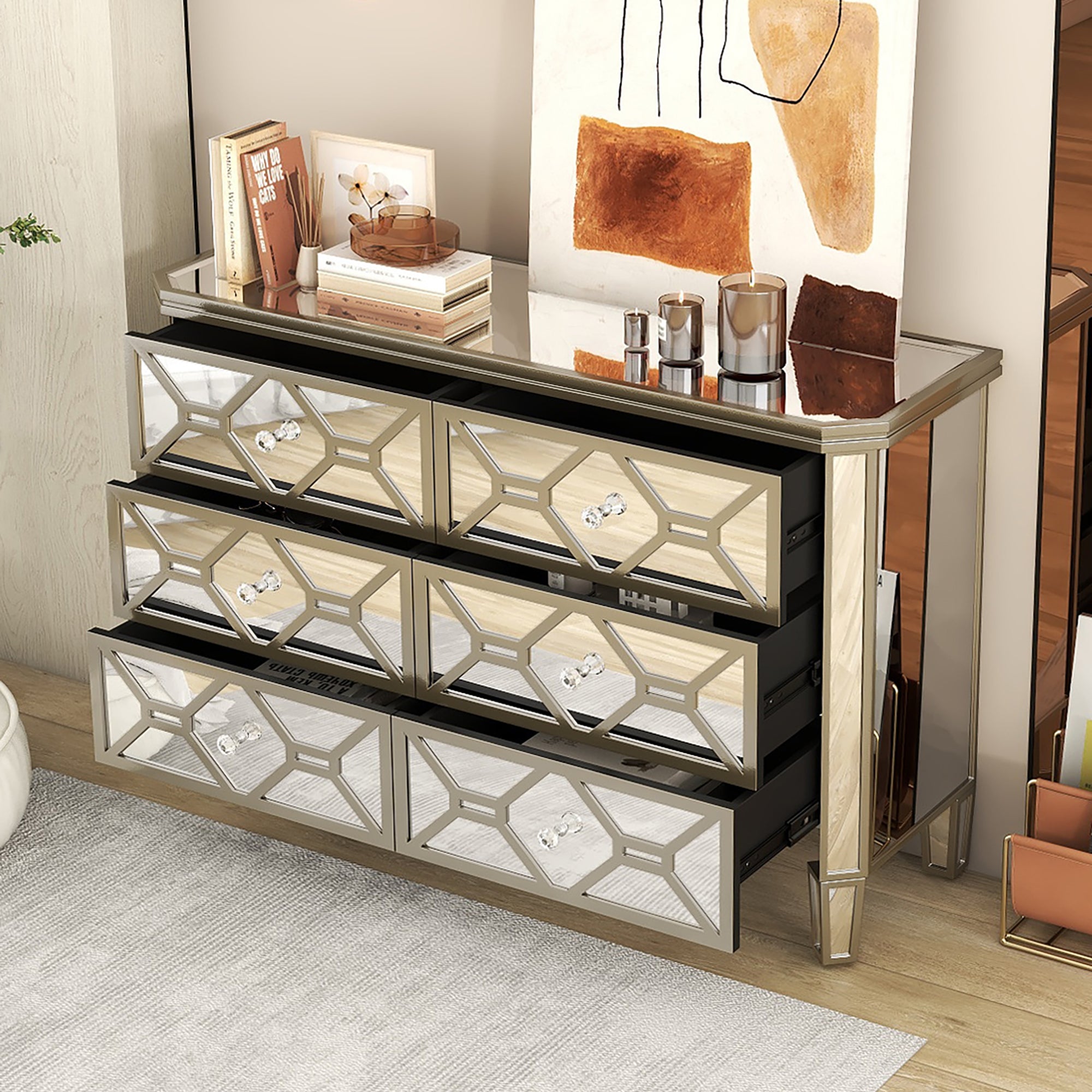 47.24 in. W 6-Drawer Glass Dresser in Silver