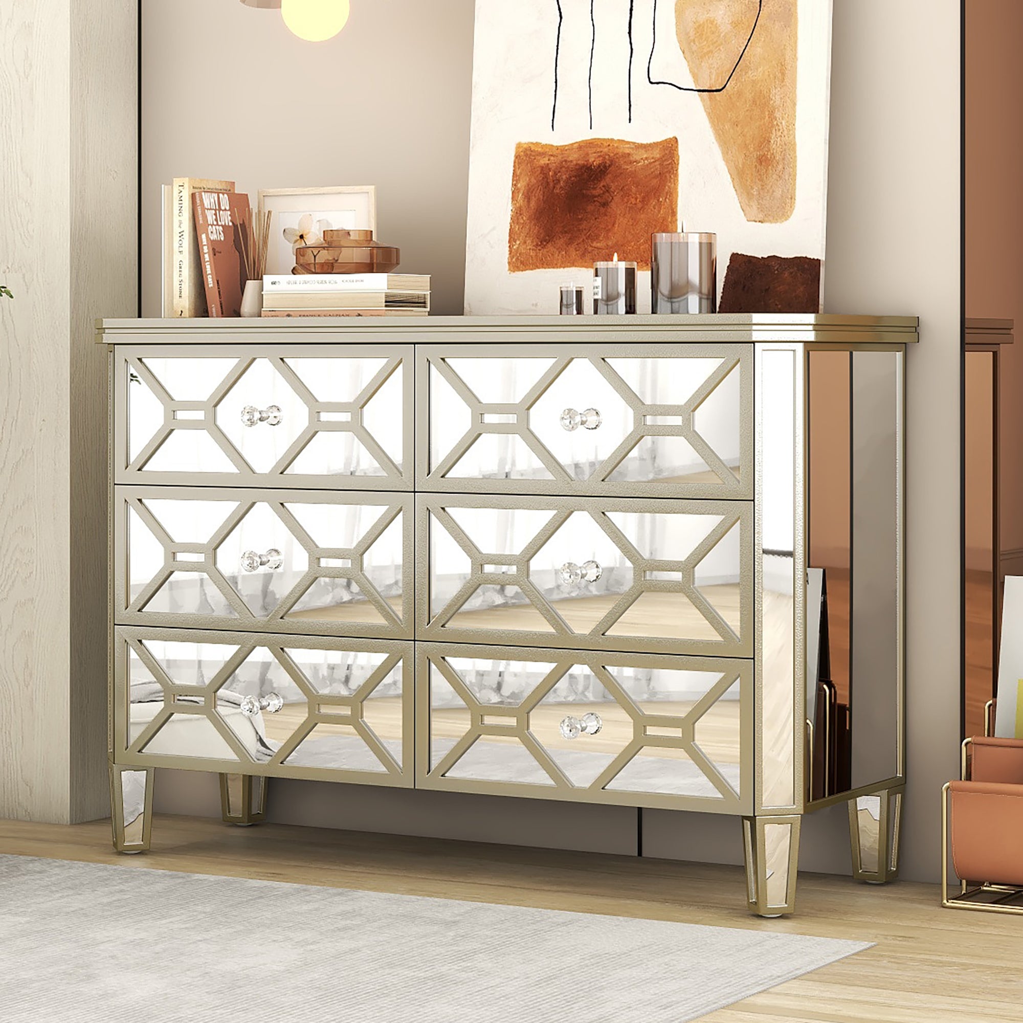 47.24 in. W 6-Drawer Glass Dresser in Silver