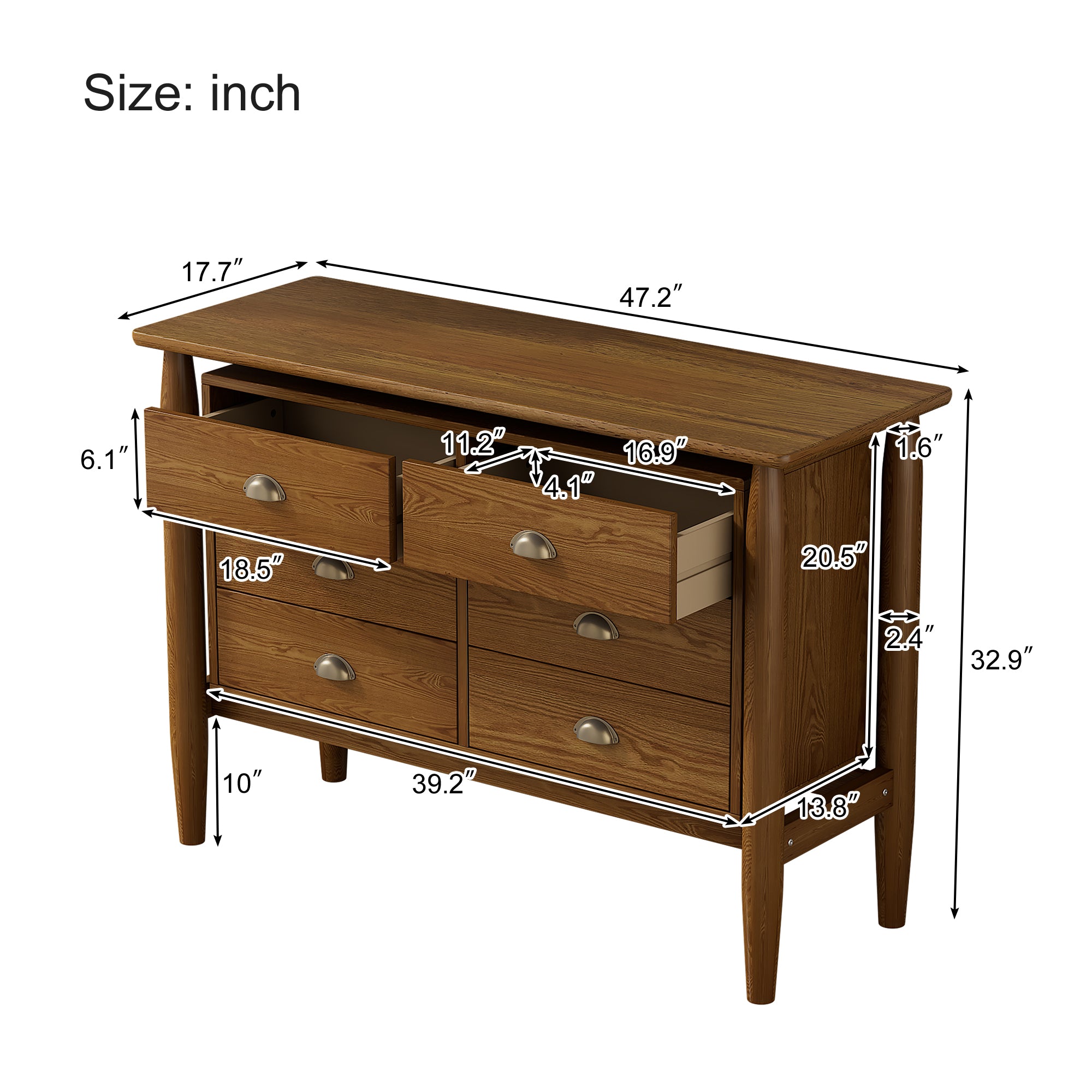 47.2"L 6-Drawer Rubberwood Dresser in Walnut