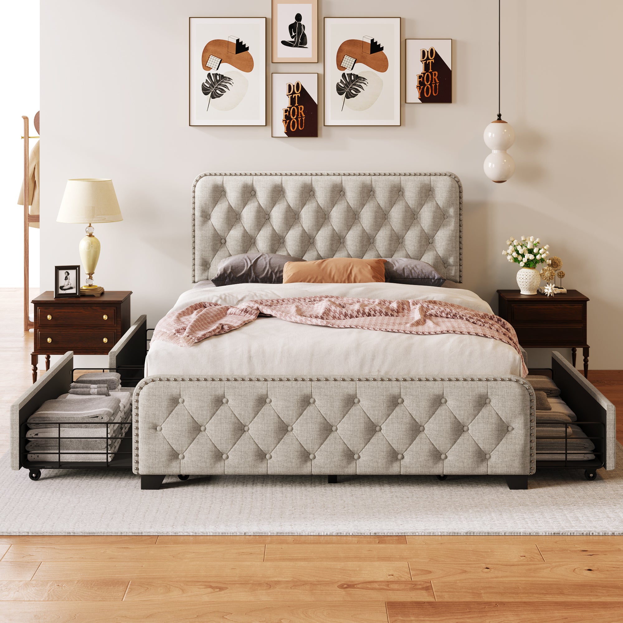 Upholstered Platform Bed with 4 Drawers, Button Tufted Headboard and Footboard Sturdy Metal Support