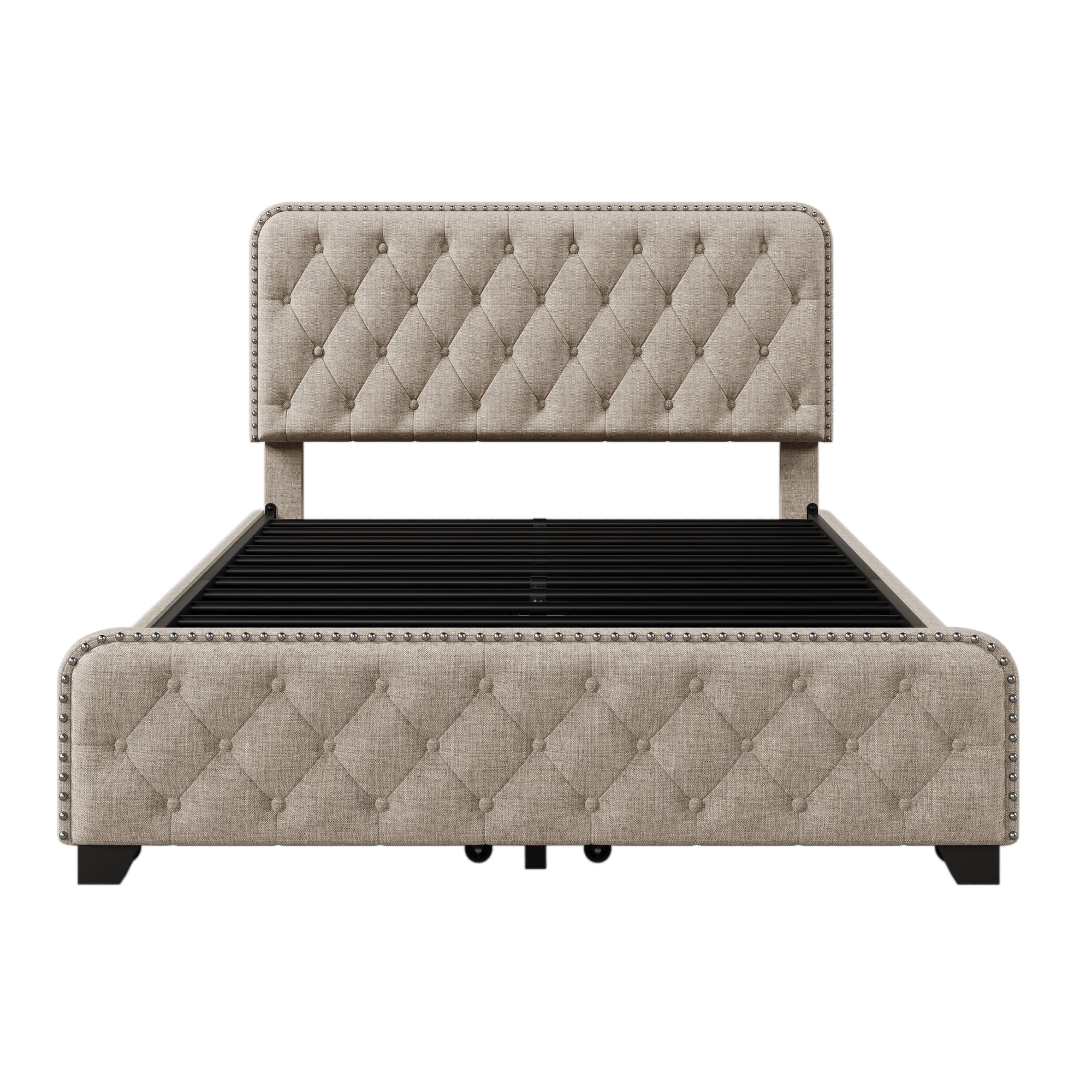 Upholstered Platform Bed with 4 Drawers, Button Tufted Headboard and Footboard Sturdy Metal Support