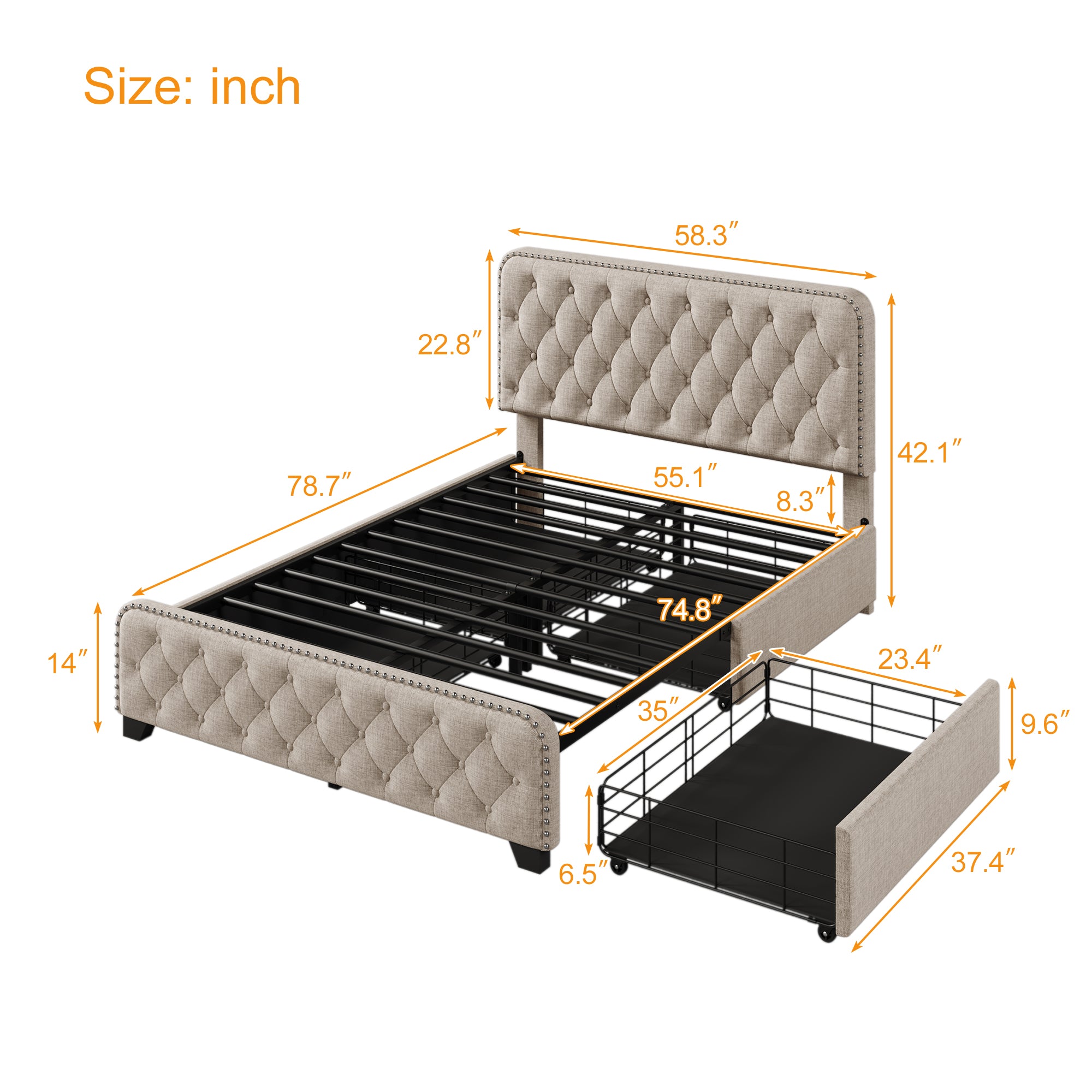 Upholstered Platform Bed with 4 Drawers, Button Tufted Headboard and Footboard Sturdy Metal Support