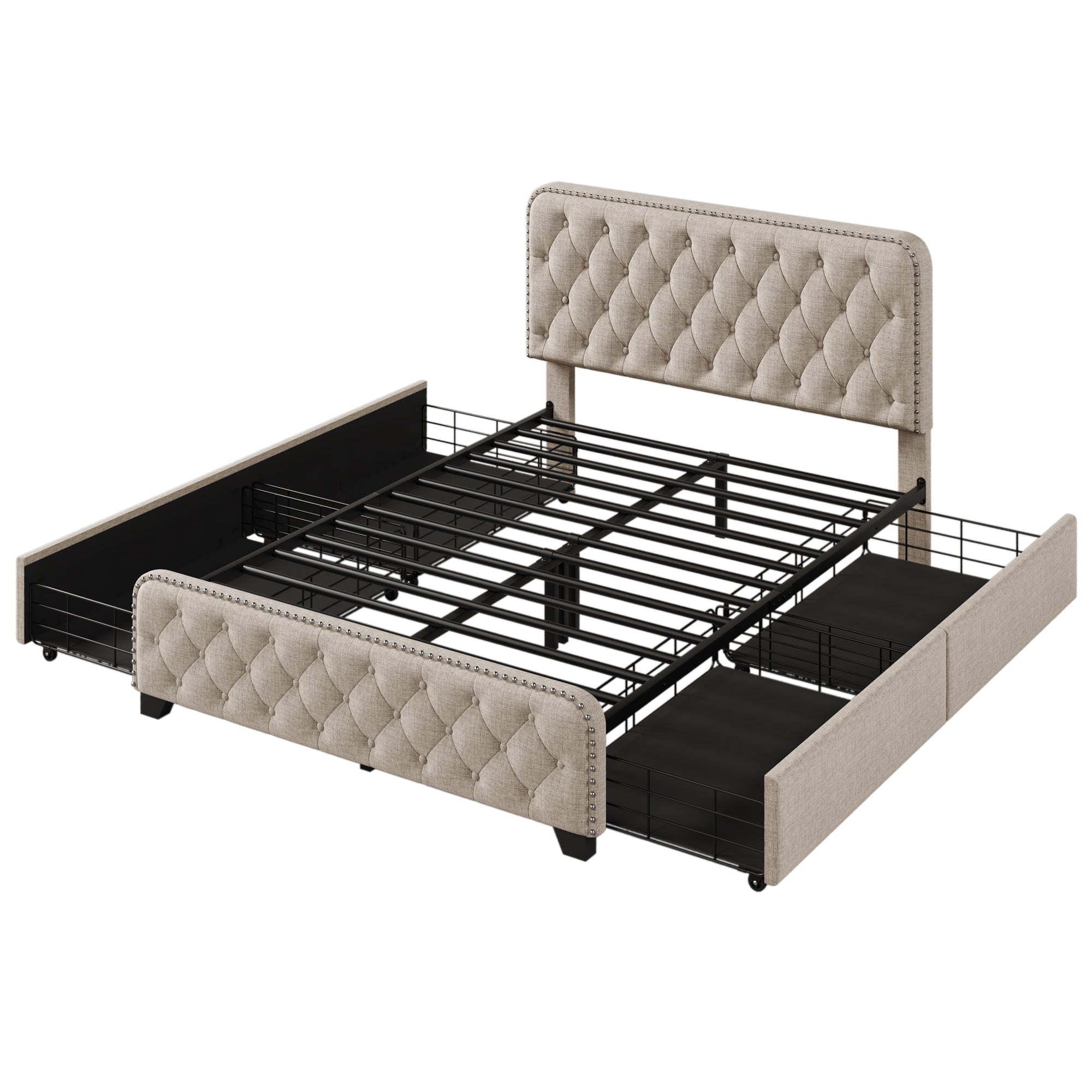 Upholstered Platform Bed with 4 Drawers, Button Tufted Headboard and Footboard Sturdy Metal Support