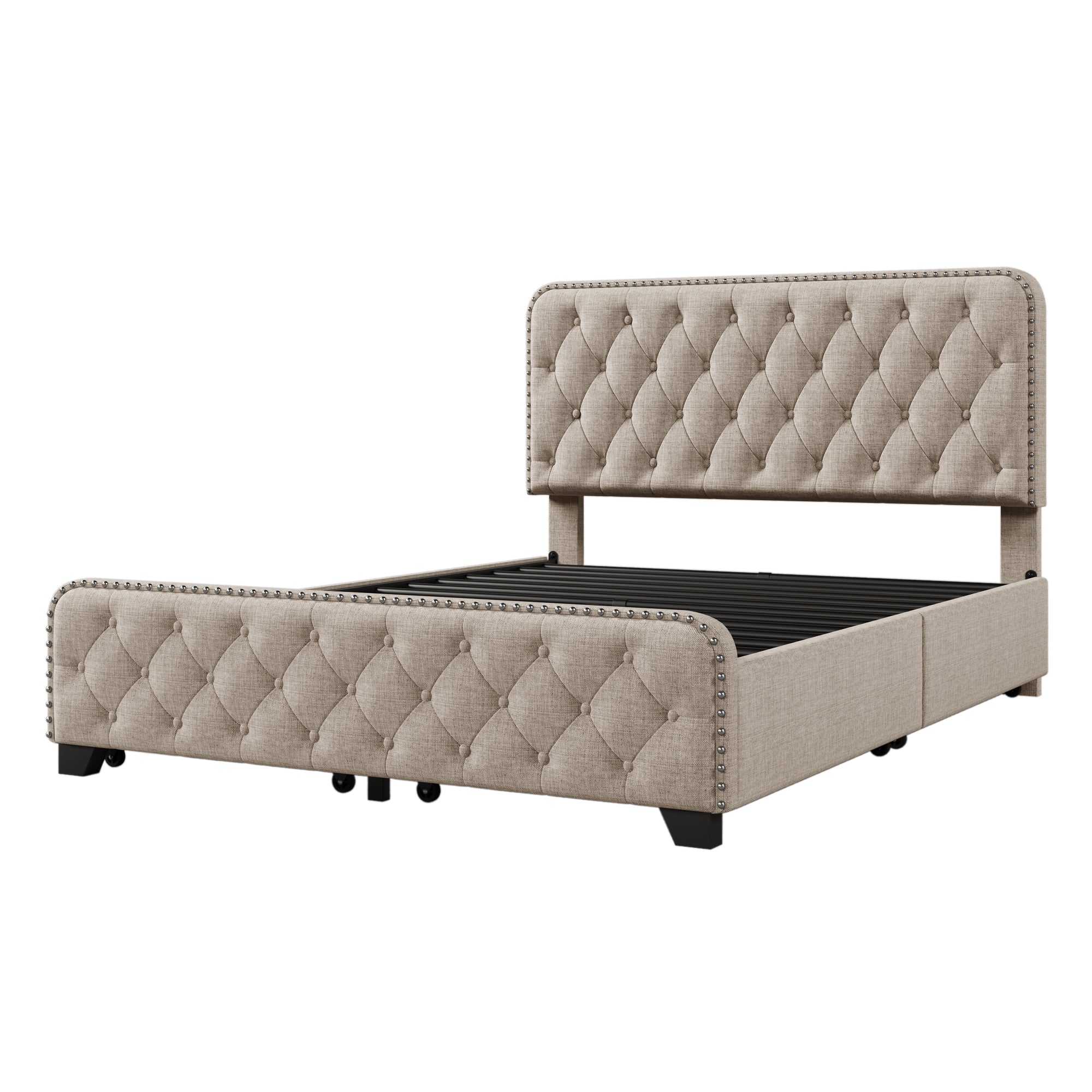 Upholstered Platform Bed with 4 Drawers, Button Tufted Headboard and Footboard Sturdy Metal Support